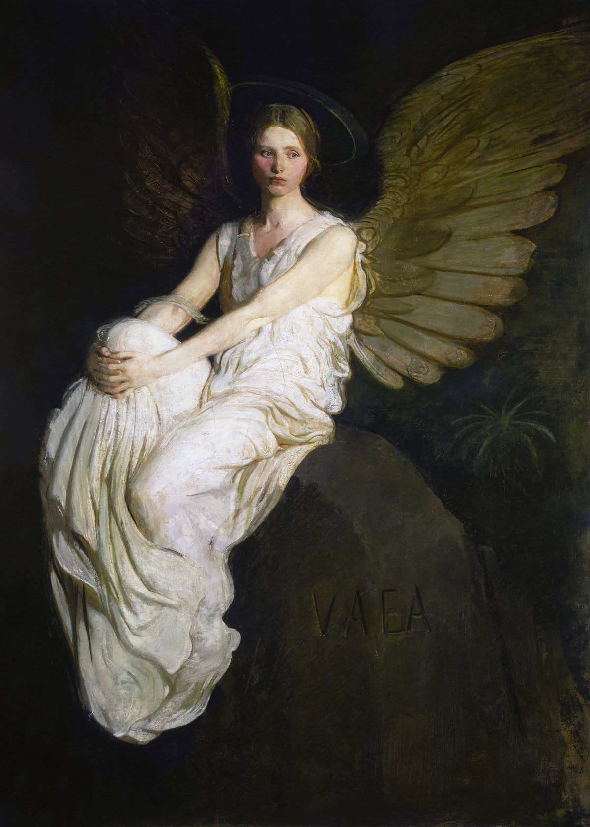 Stevenson Memorial by Abbott Handerson Thayer — A haloed angel clasps her knee on a dark boulder