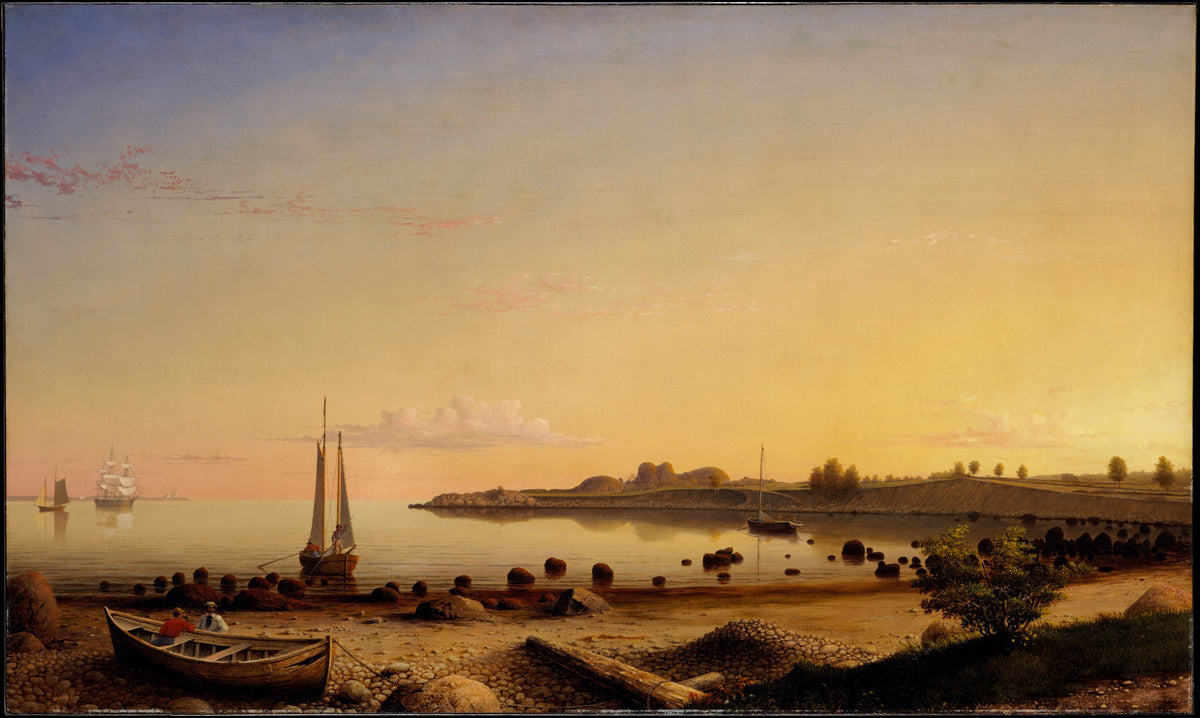 Stage Fort across Gloucester Harbor by Fitz Henry Lane — Small boats rest at anchor under a glowing sunset harbor