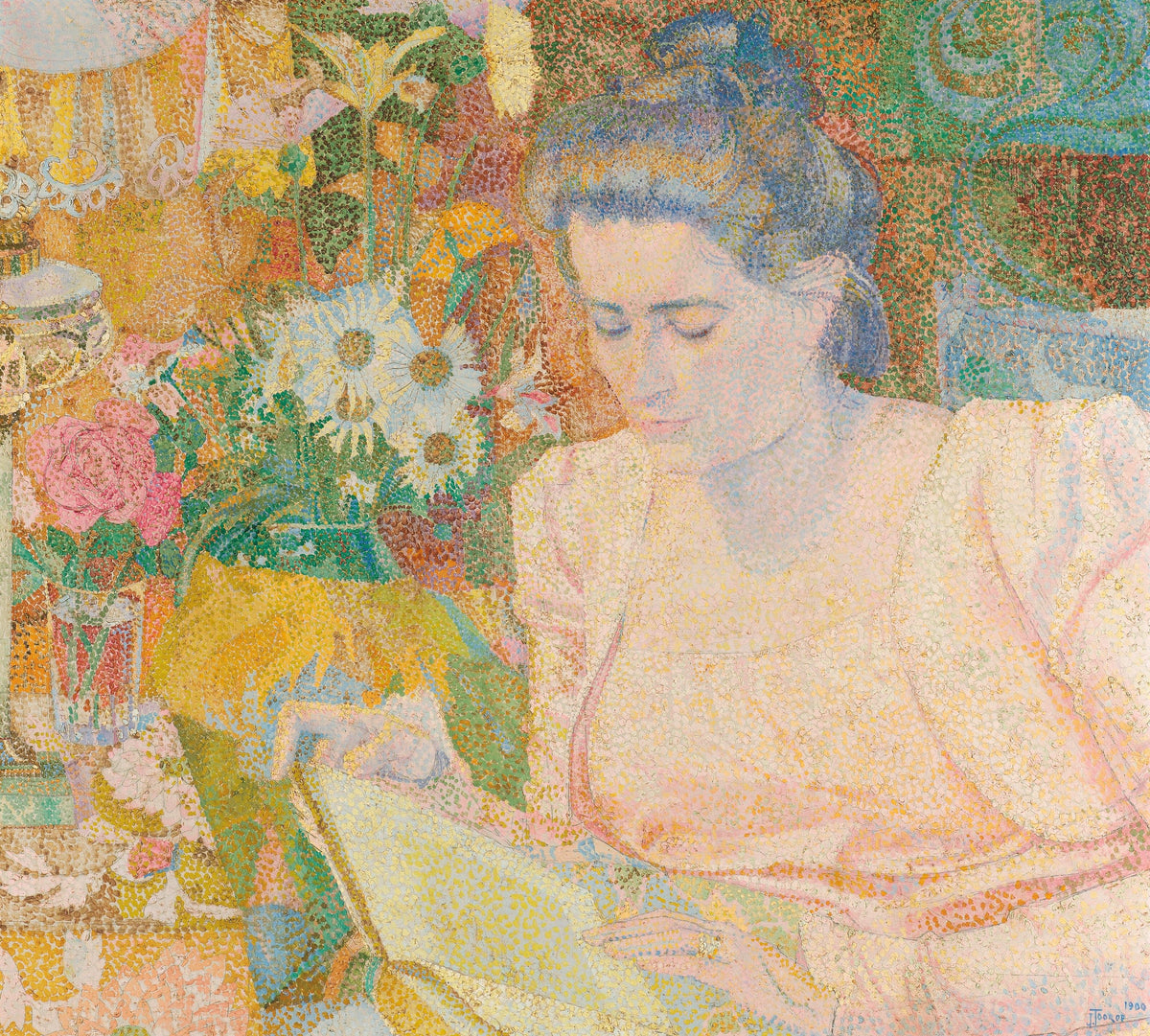 Portrait of Mrs Marie Jeannette de Lange by Jan Toorop — A woman reads amid roses rendered entirely in coloured dots