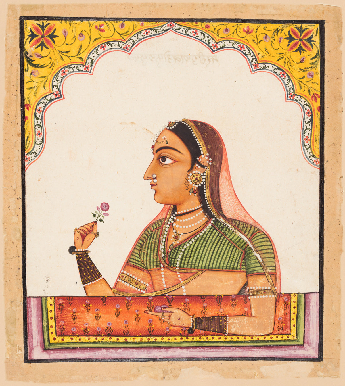 Sawar school — Noblewoman at a Jharokha Window Holding a Rose | Indian Miniature Painting Print