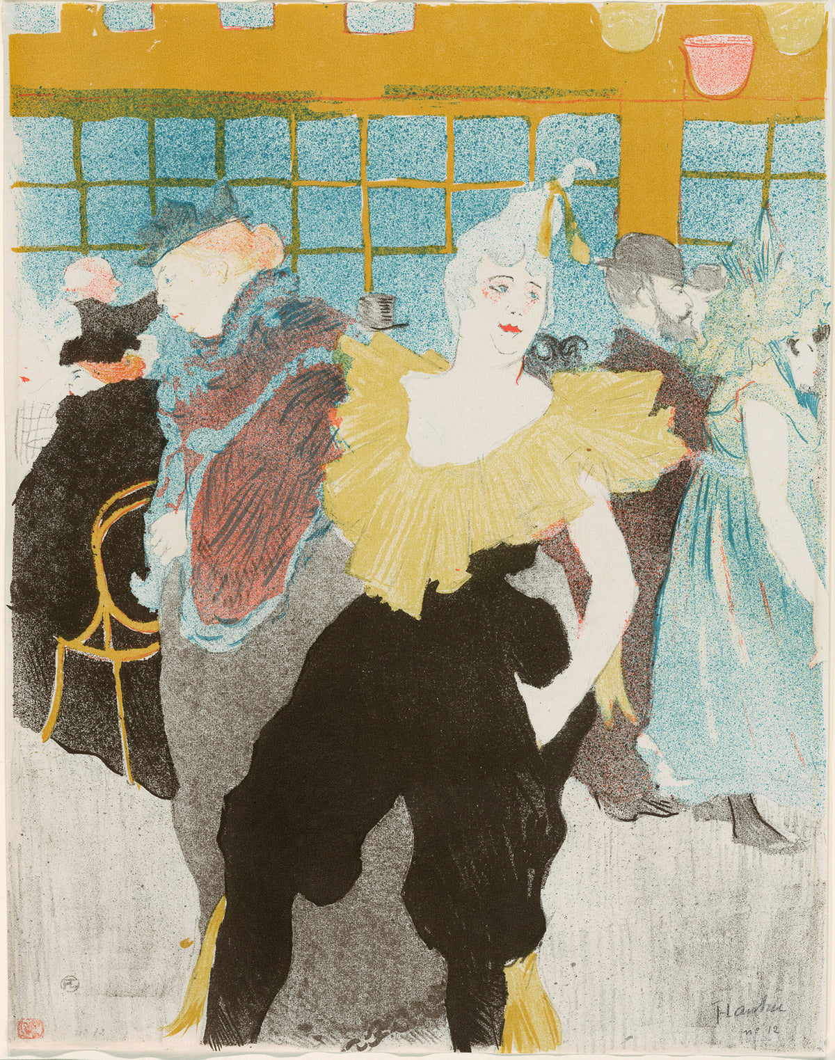 Elles: The Clownesse by Henri de Toulouse-Lautrec — A white-faced clownesse dances in a yellow ruff before a crowd