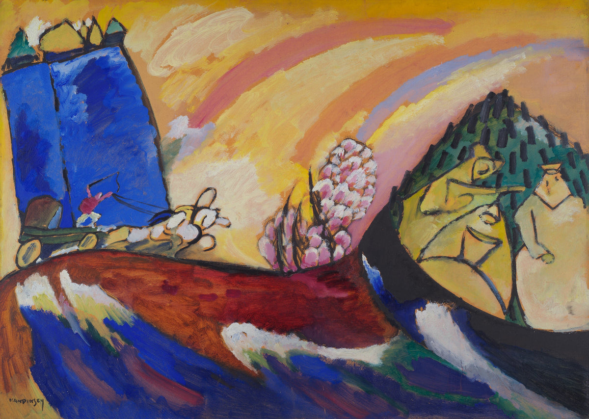 Painting with Troika by Wassily Kandinsky — A troika gallops beneath a rainbow-streaked sky