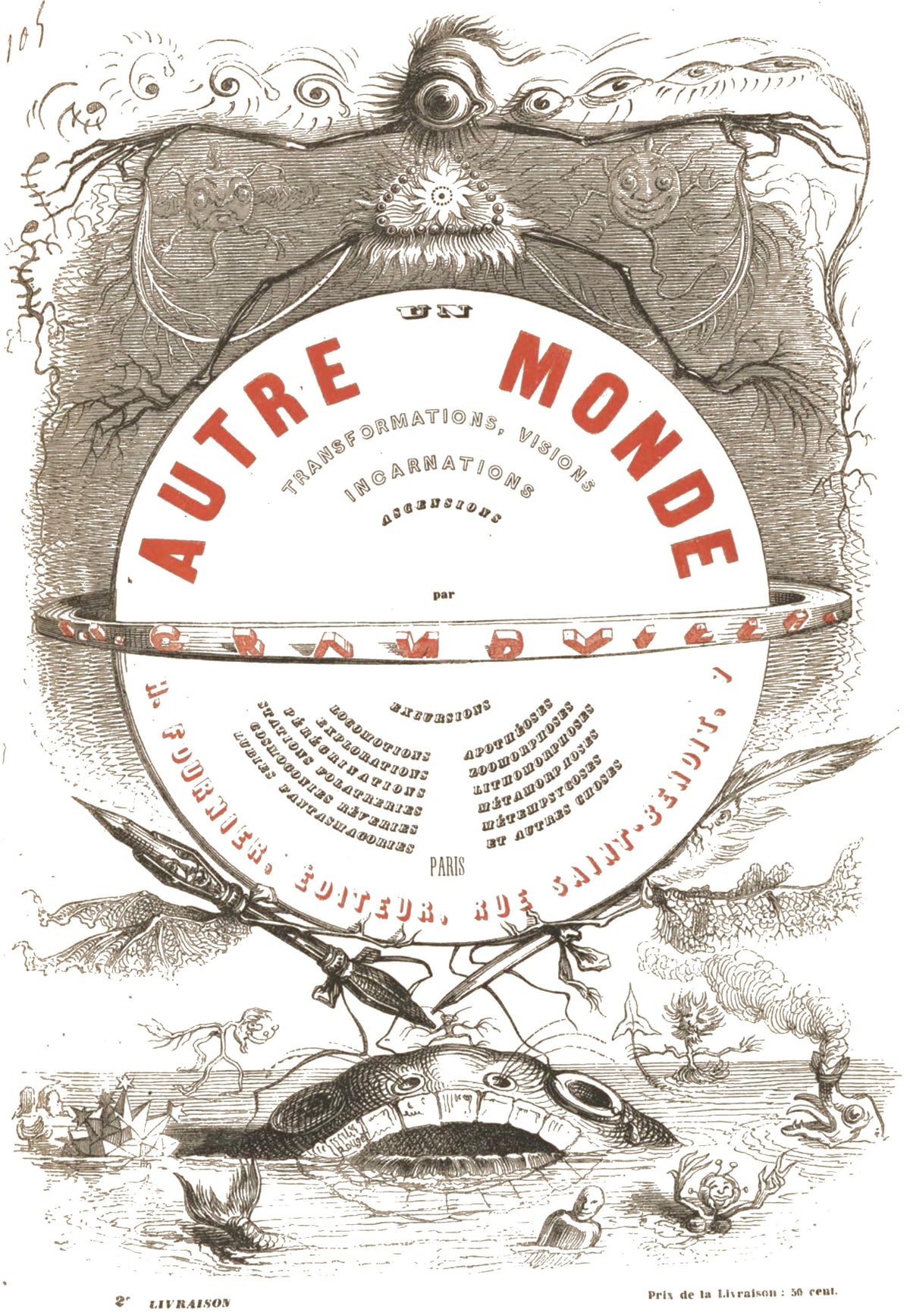 Un autre monde (title page) by J. J. Grandville — A grinning globe-faced planet crowned with tendrils