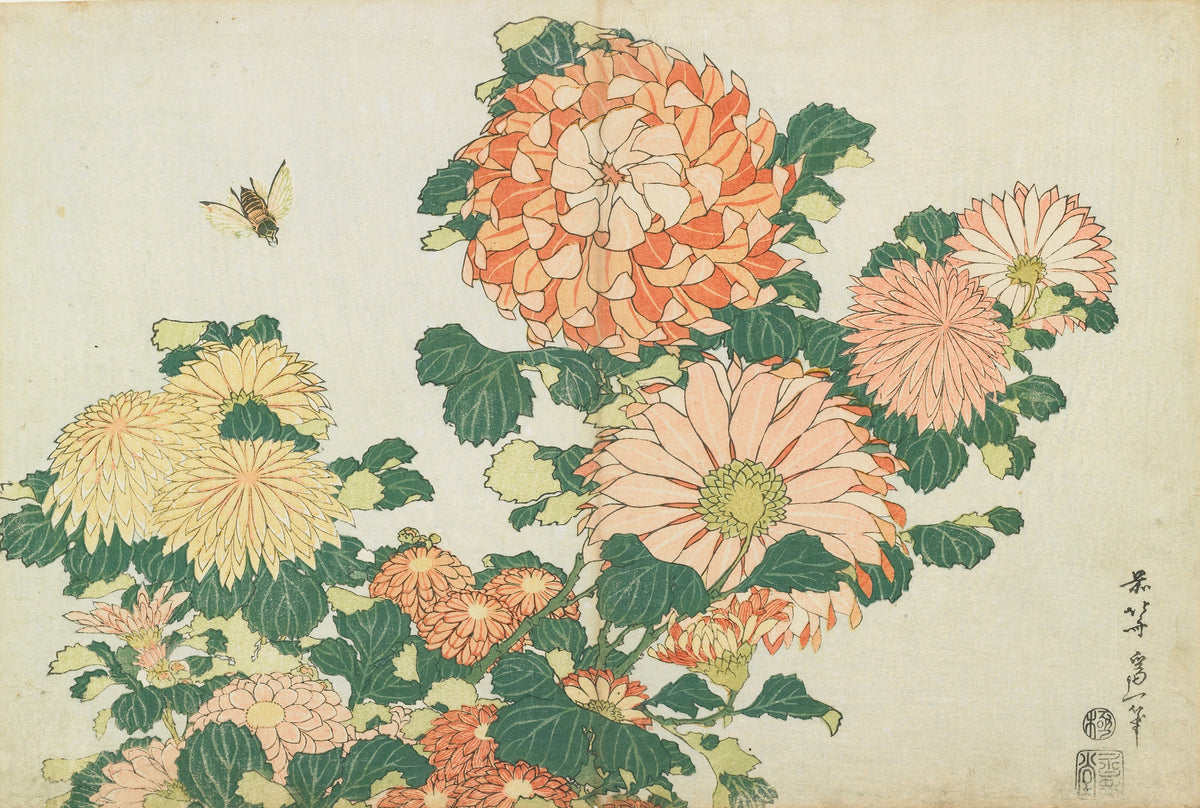 Katsushika Hokusai — Large Flowers: Chrysanthemums and Horsefly | Japanese Woodblock Print (Ukiyo-e)