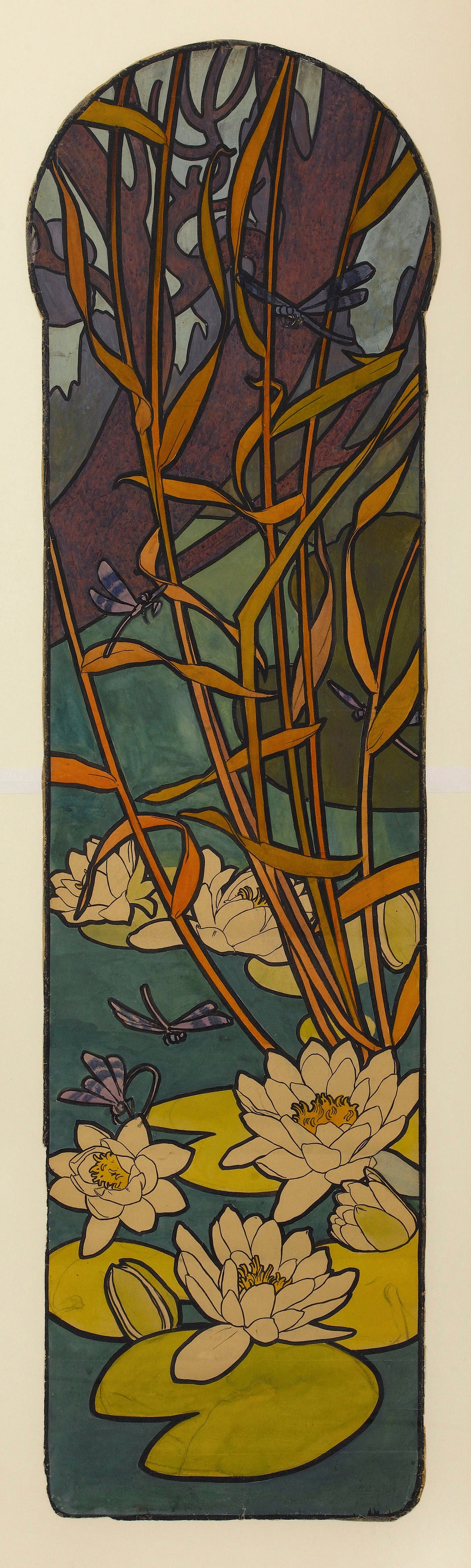 Alphonse Mucha — Carton de vitrail pour la bijouterie Fouquet (motif de nénuphars et libellules) | Art Nouveau Print