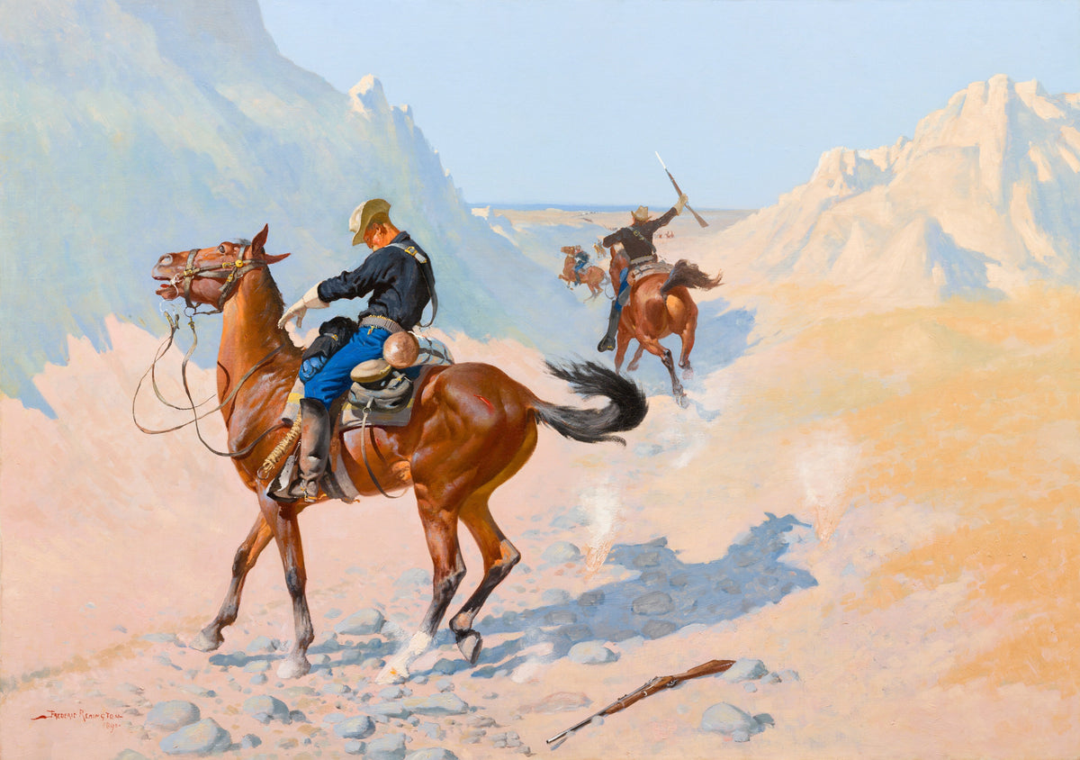 The Advance-Guard, or The Military Sacrifice by Frederic Remington — A wounded cavalry scout slumps over his horse in ambush