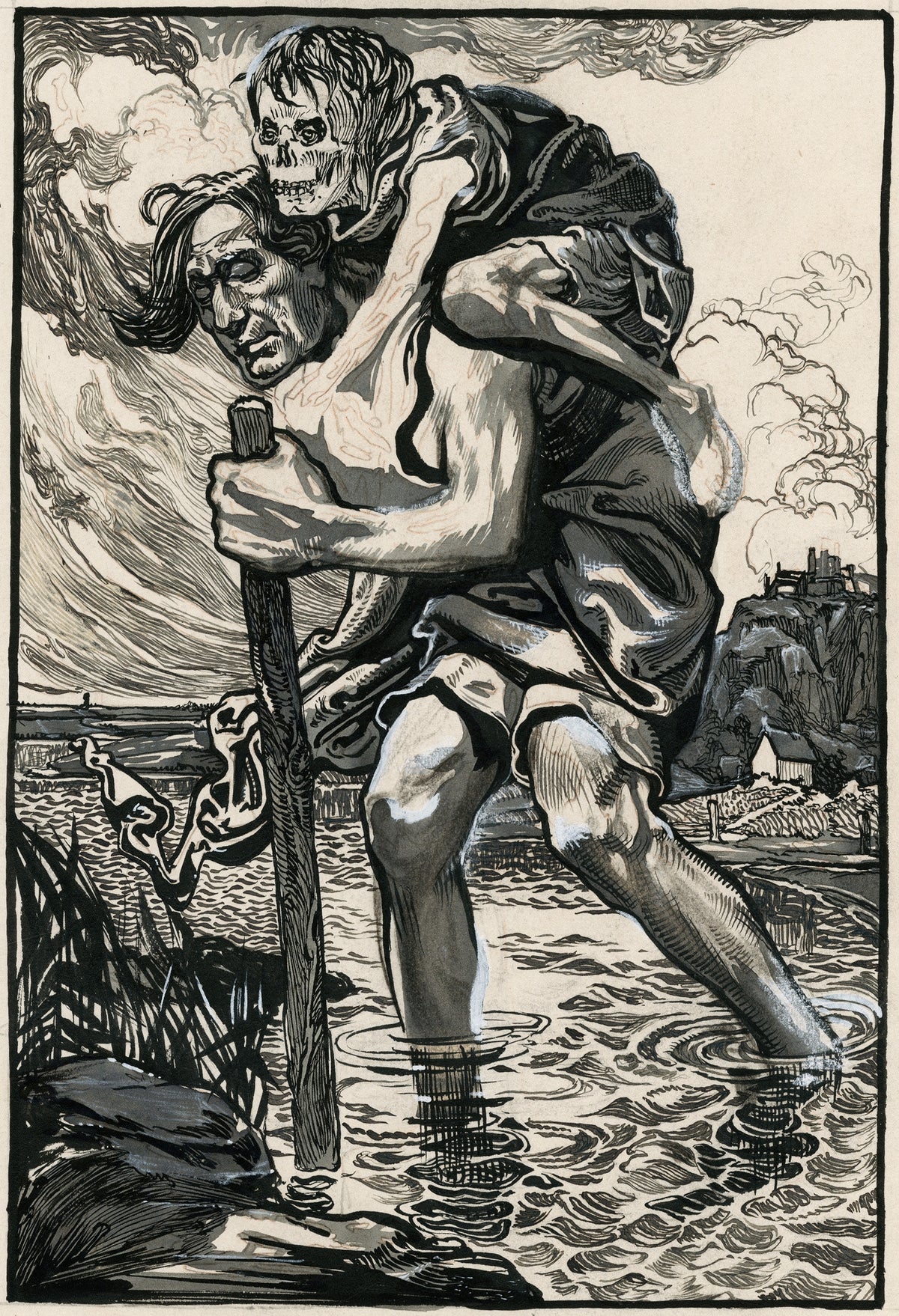 Johannes Josephus Aarts — Man Wading Through Water with a Skeleton on His Back | Art Nouveau Print