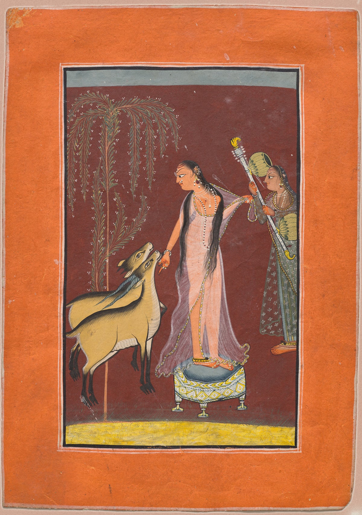 Pahari school — Heroine with Attendant and a Pair of Deer | Indian Miniature Painting Print