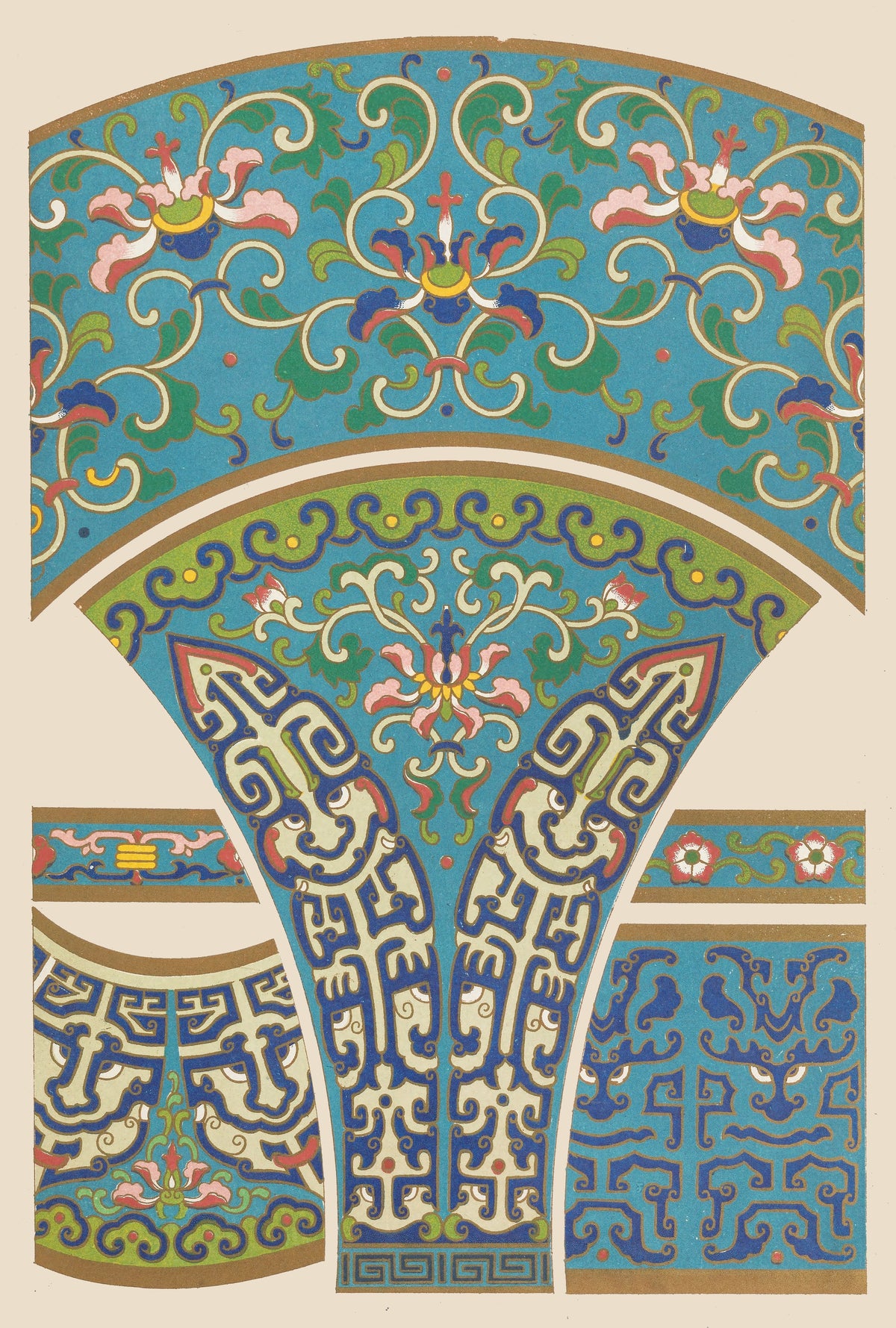 Owen Jones — Chinese Ornament: Blue Archaic Scroll and Fan Panel | Ornament Plate Print