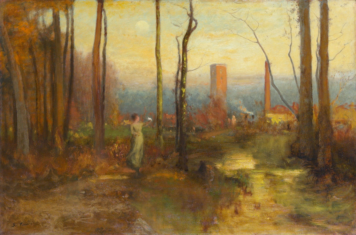 The Mill Stream, Montclair, New Jersey by George Inness — A woman walks by a stream where a factory tower stands