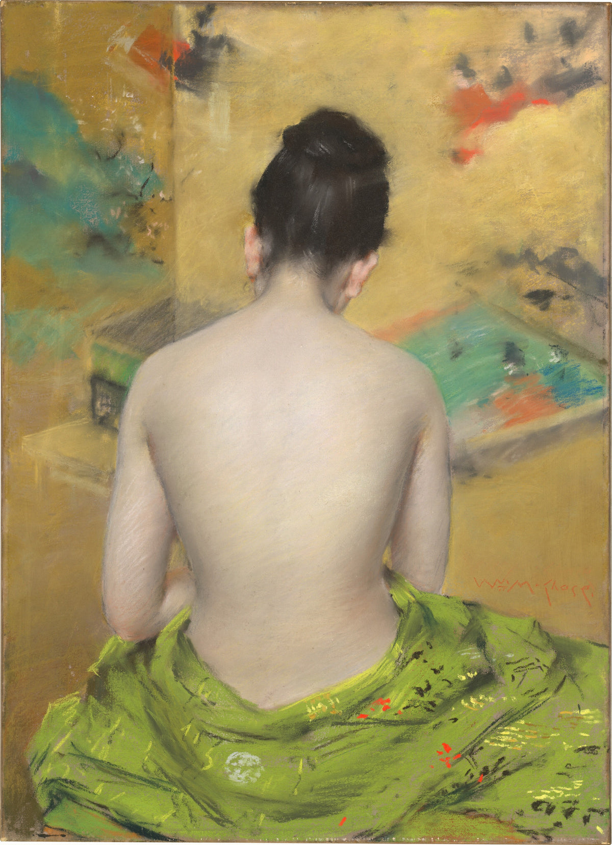 Study of Flesh Color and Gold by William Merritt Chase — A seated figure wrapped in green drapery, seen from behind