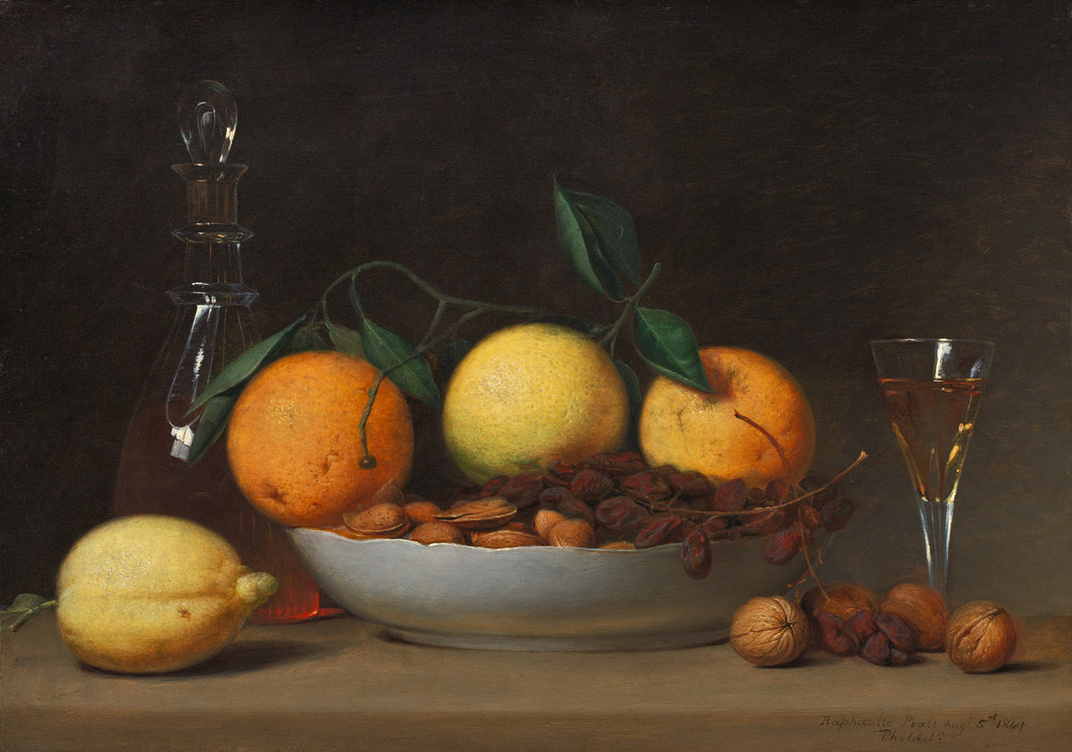 A Dessert by Raphaelle Peale — Oranges, lemons, and a wine glass wait on a wooden table