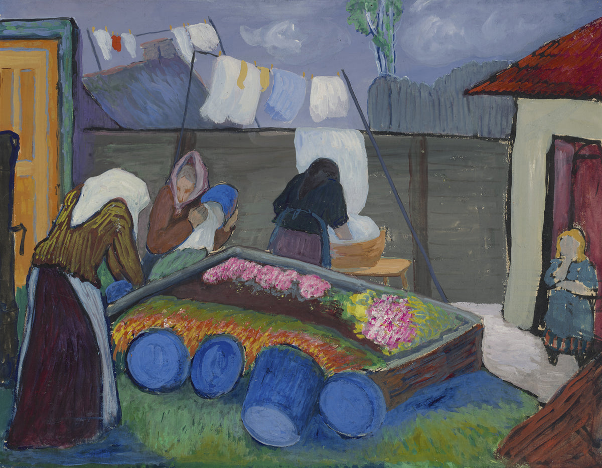 Washerwomen by Marianne von Werefkin — Women scrub laundry in a colourful backyard washing tub