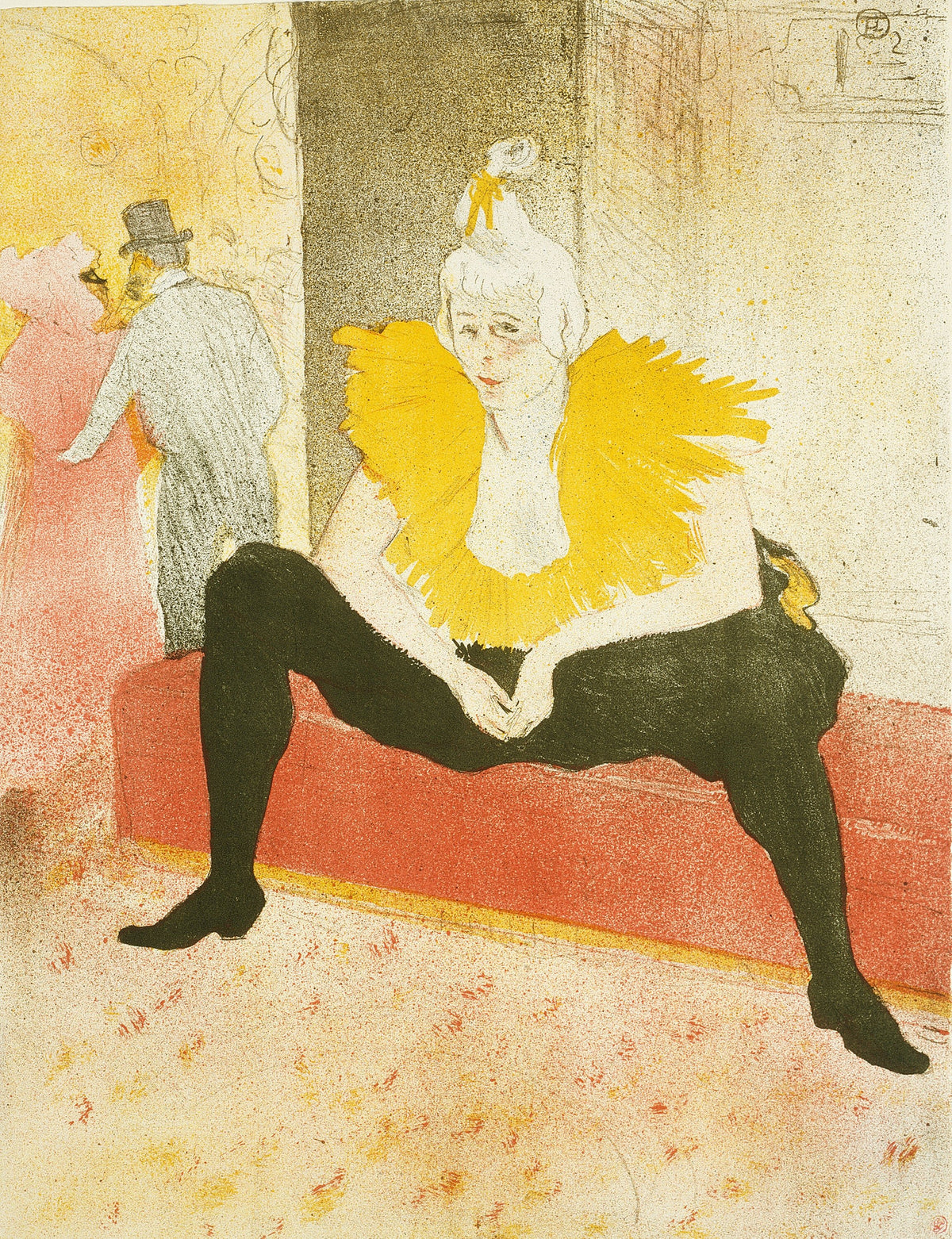 Seated Female Clown (Mademoiselle Cha-U-Kao) by Henri de Toulouse-Lautrec — A seated clownesse in a yellow ruff rests her clasped hands