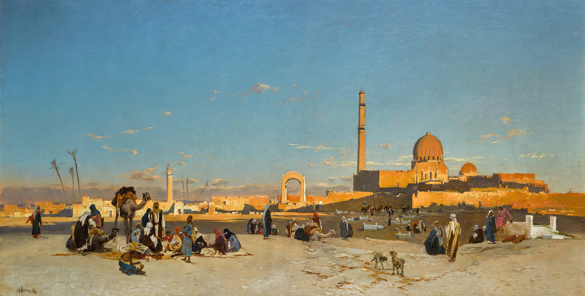 An Extensive View of Cairo by Hermann Corrodi — Camel drivers and travellers rest below a domed mausoleum