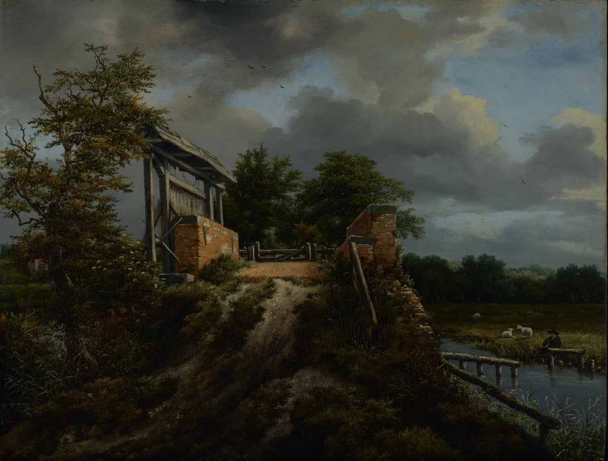 Bridge with a Sluice by Jacob van Ruisdael — A rustic bridge and sluice gate under a cloud-filled Dutch sky