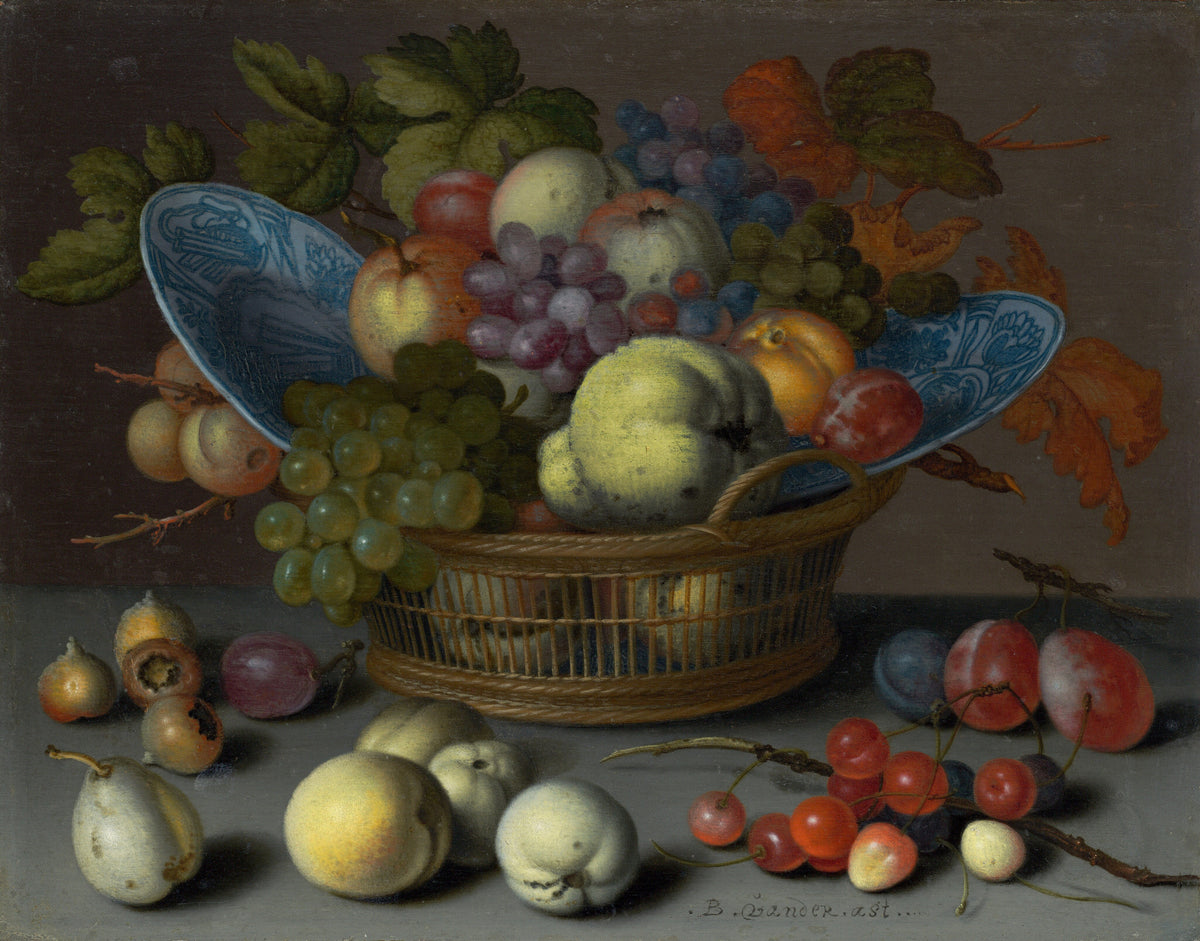 Basket of Fruits by Balthasar van der Ast — Grapes, peaches and plums spill from a wicker basket