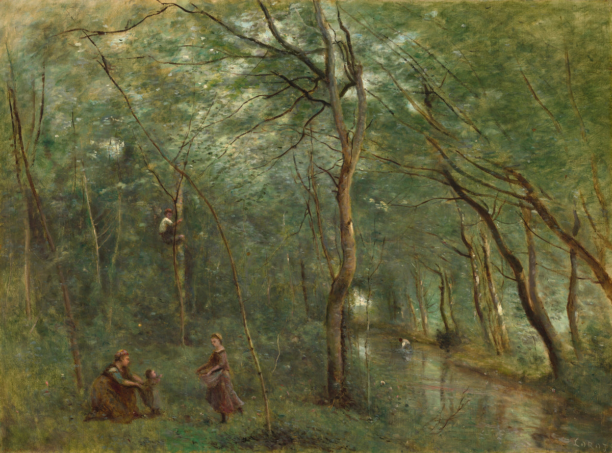 The Eel Gatherers by Jean-Baptiste-Camille Corot — Sunlight dapples a forest stream where children gather round