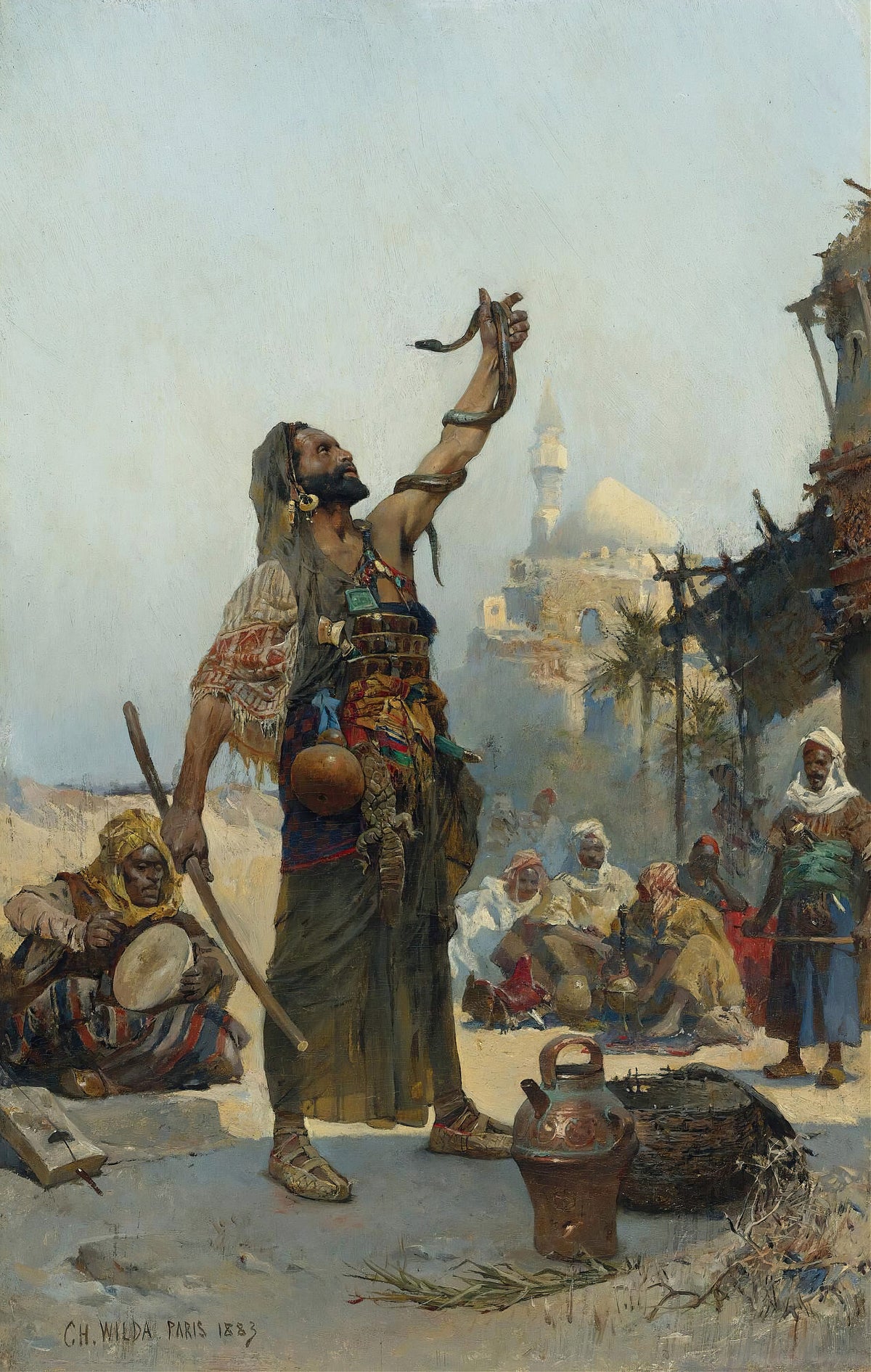 The Snake Charmer by Charles Wilda — A snake charmer raises a cobra before a distant mosque