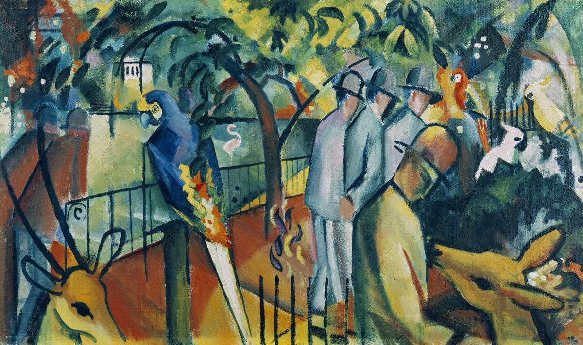 Zoological Garden by August Macke — A macaw, a deer and three onlookers share a garden enclosure