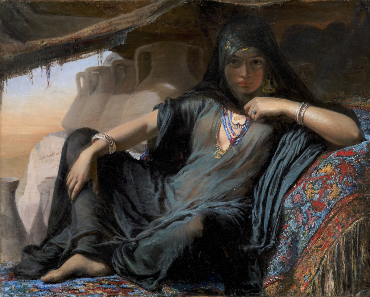 Egyptian Pot Seller by Elisabeth Jerichau-Baumann — A veiled woman reclines against water jars in a desert tent