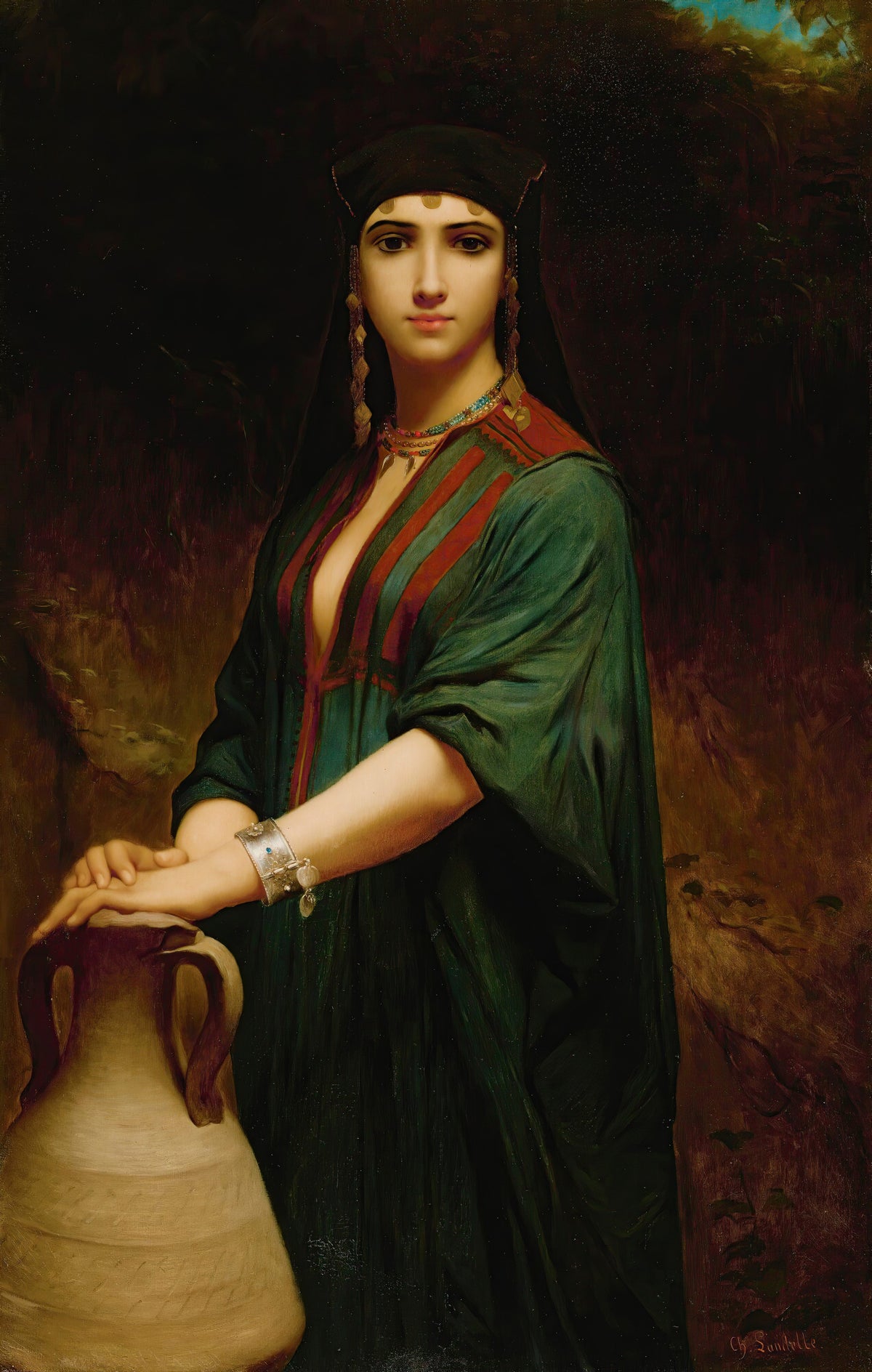 The Fellah Lady by Charles Landelle — An Egyptian woman rests her hand on a tall water jar