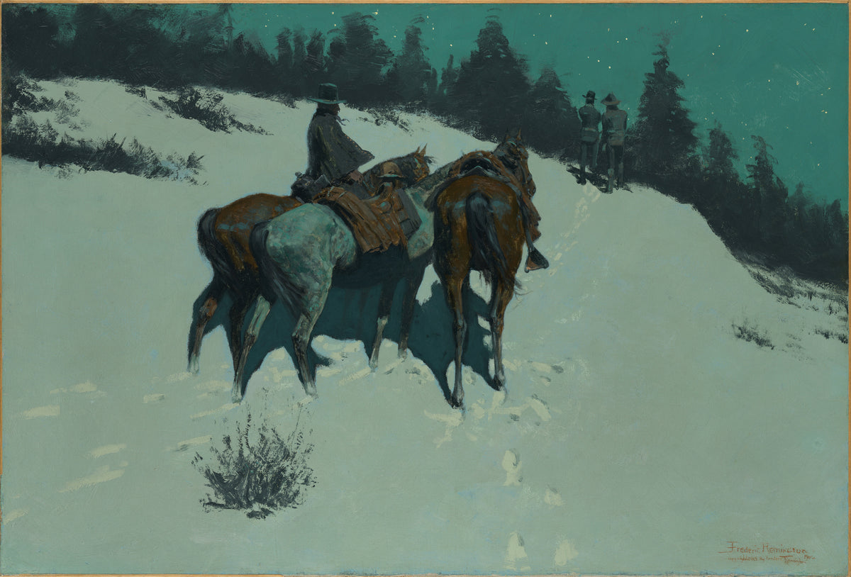 A Reconnaissance by Frederic Remington — Riders climb a snowy, star-lit slope toward the pines