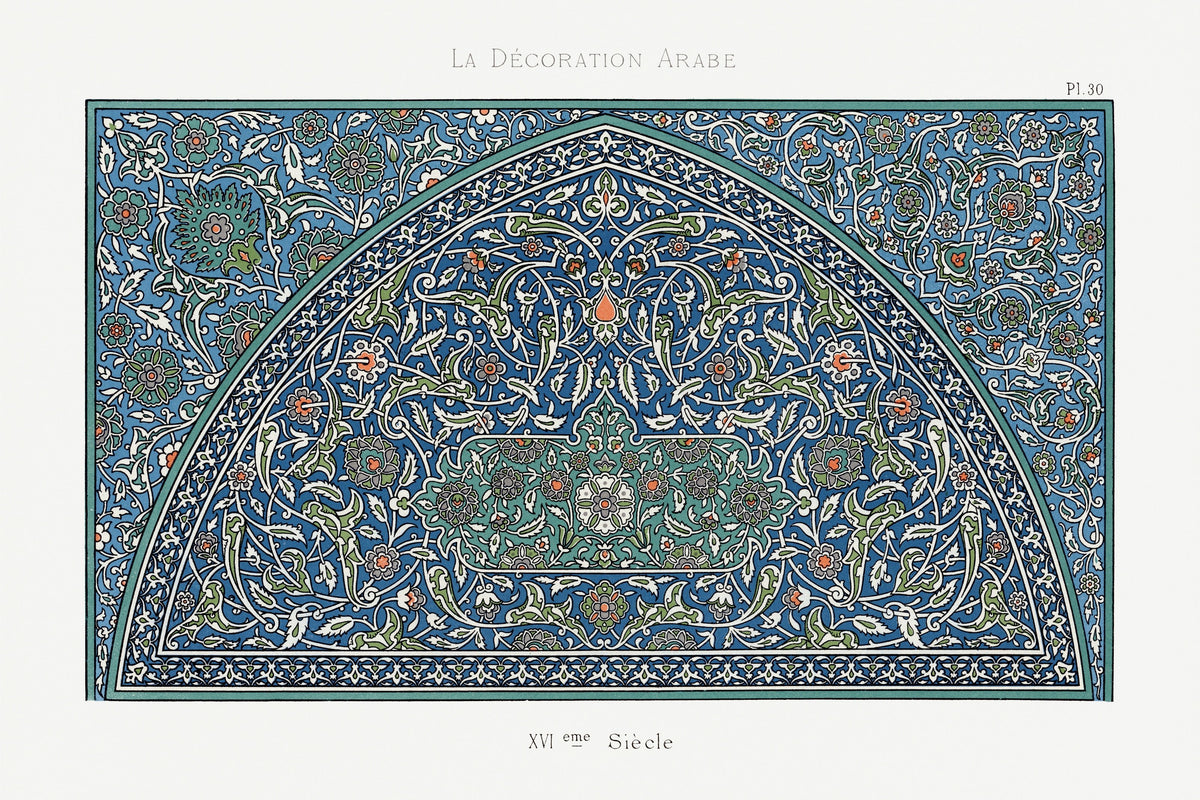 La Décoration Arabe, Plate 30 by Émile Prisse d'Avennes — A pointed arch of white vine and coral blossom on cobalt tilework