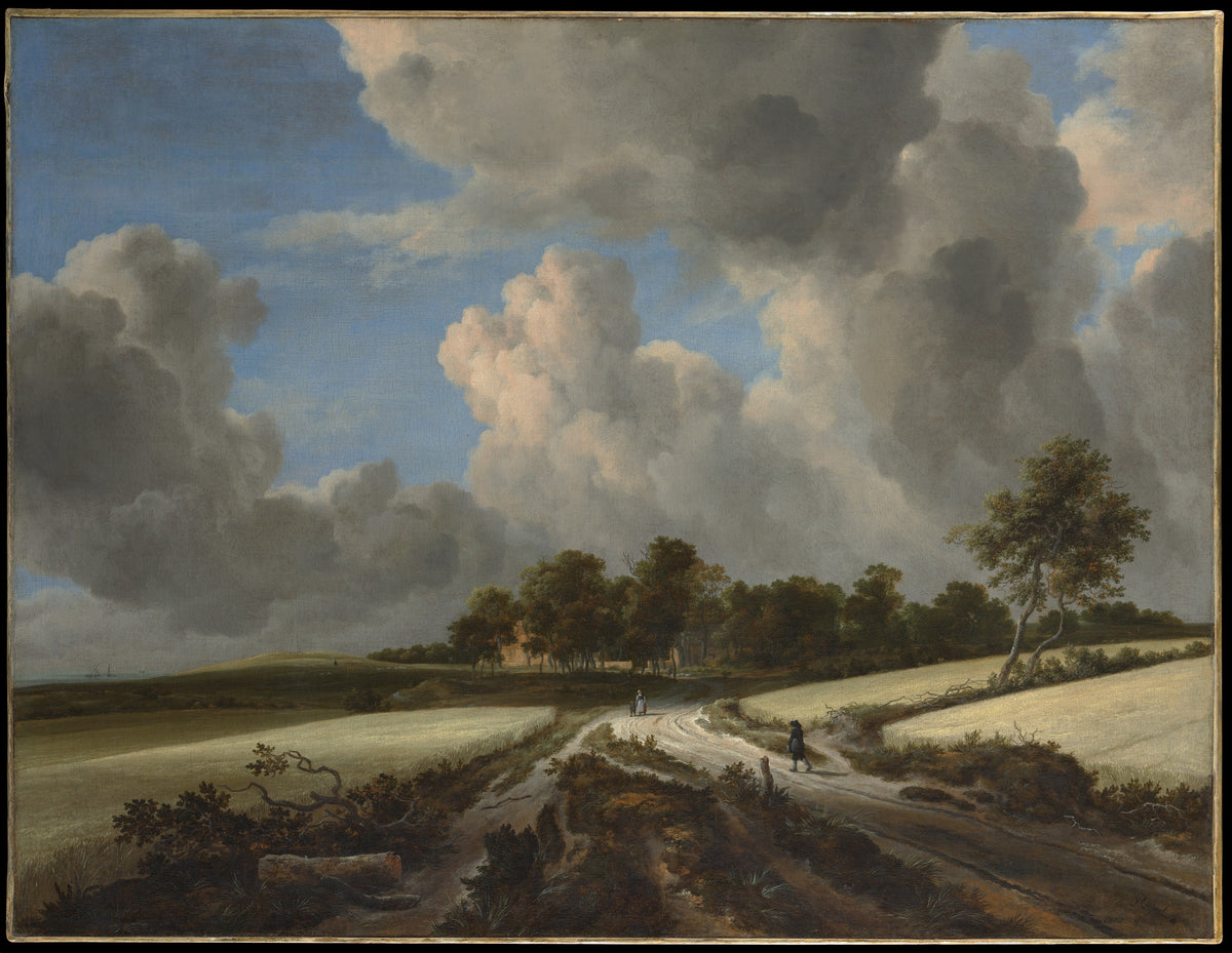 Wheat Fields by Jacob van Ruisdael — Towering clouds gather over golden wheat fields and a sandy track
