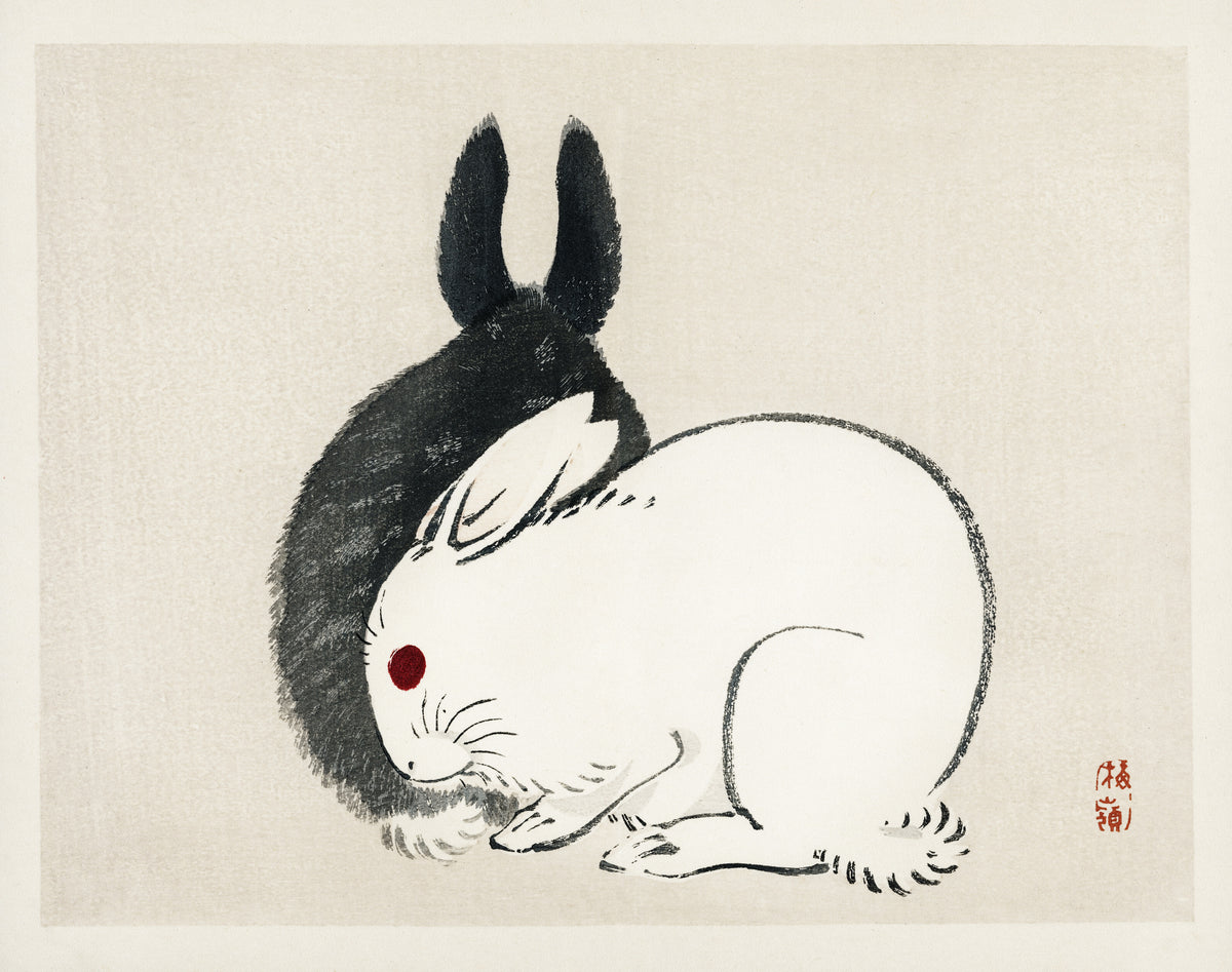 Kōno Bairei — Black and White Rabbits | Japanese Bird & Flower Woodblock Print