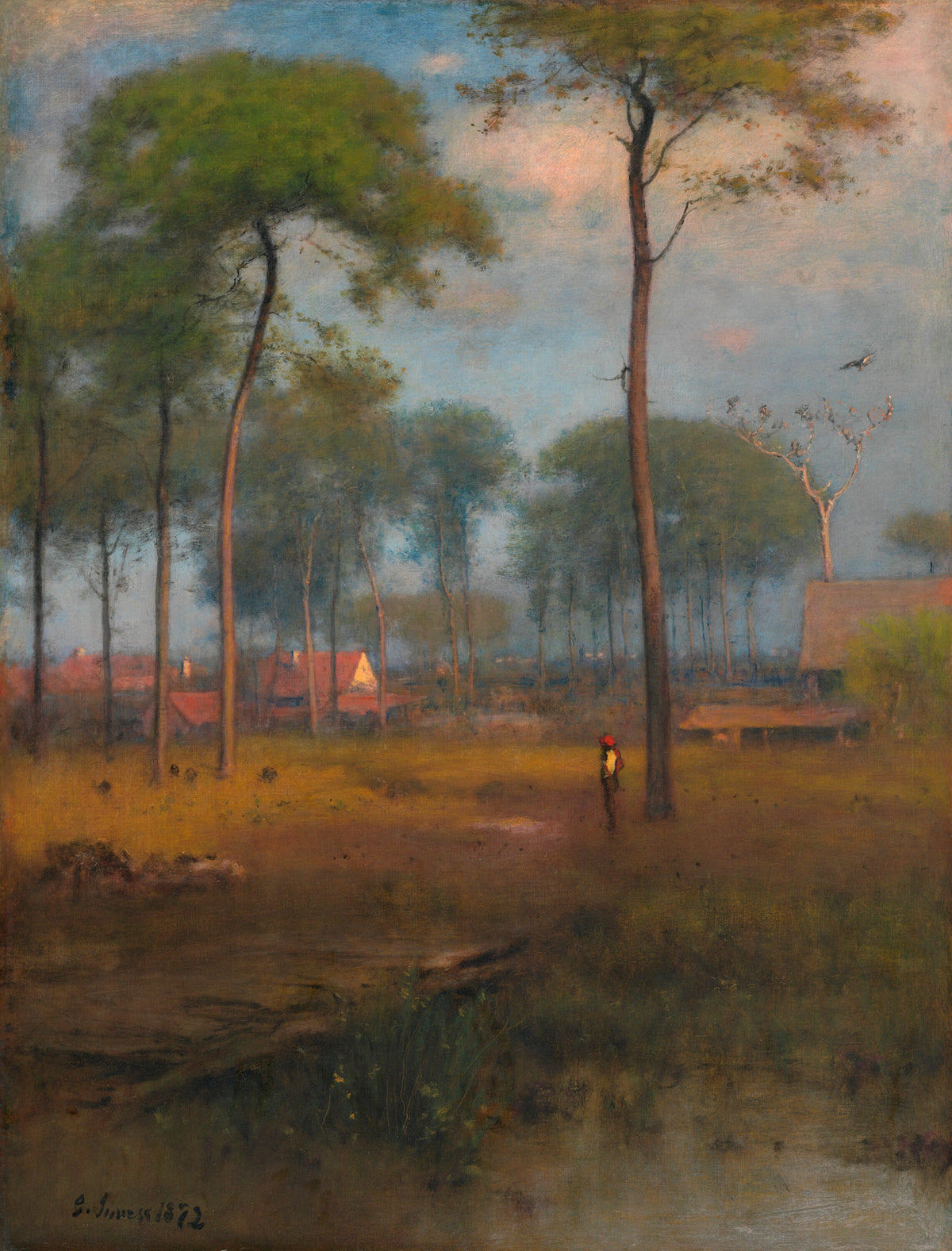 Early Morning, Tarpon Springs by George Inness — Tall pines rise over a hazy morning grove and red-roofed cottages