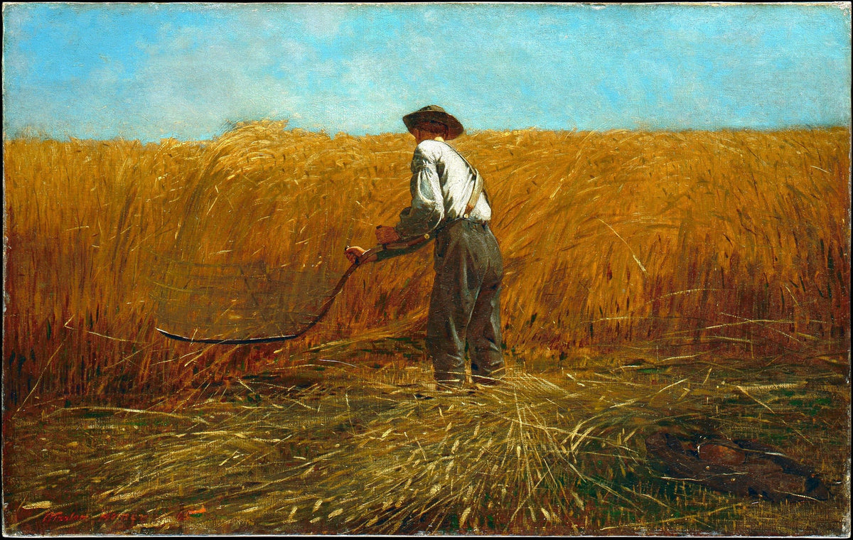 The Veteran in a New Field by Winslow Homer — A lone reaper scythes a golden wheat field