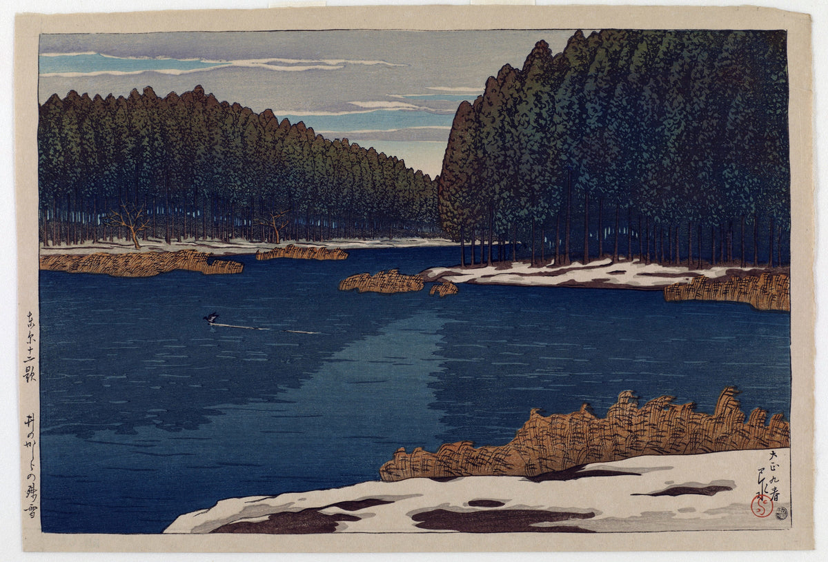 Kawase Hasui — Lingering Snow at Inokashira | Japanese Woodblock Print (Shin Hanga)