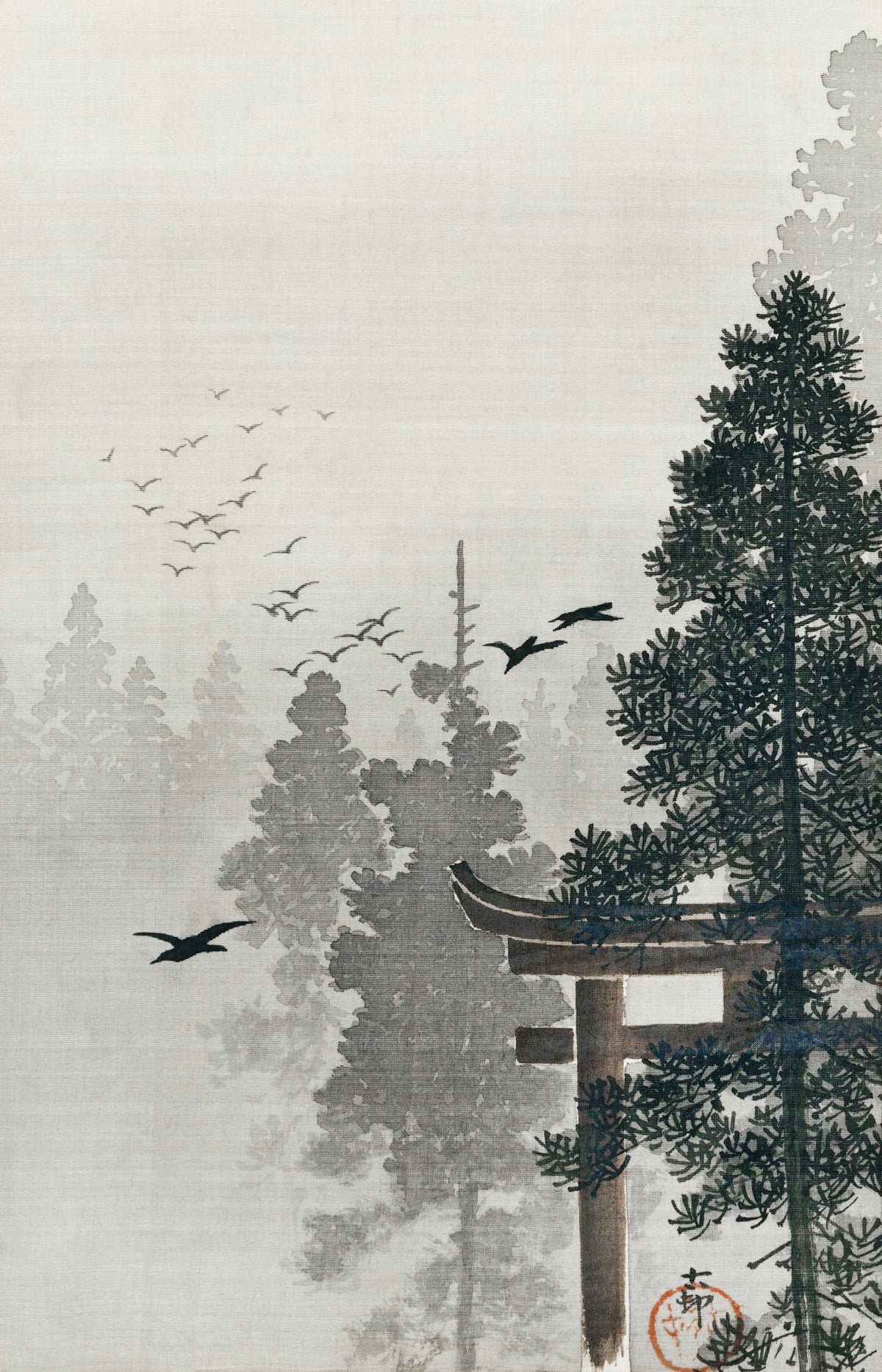Ohara Koson — Flock of Birds and a Torii Gate in a Pine Forest | Japanese Woodblock Print (Shin Hanga)
