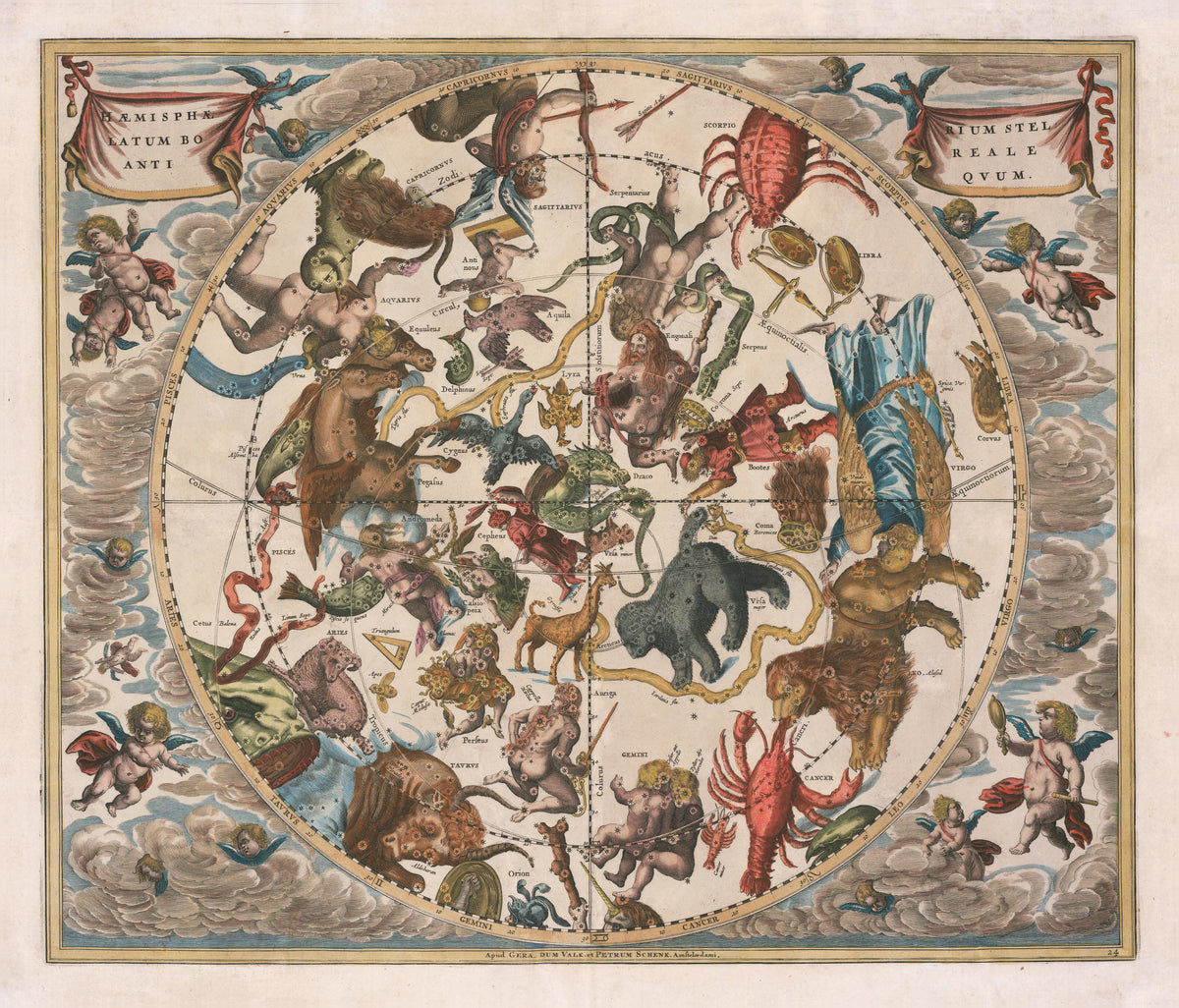 Andreas Cellarius — The Ancient Northern Starry Hemisphere (Plate 24, Rose Colouring) | Celestial Map Print
