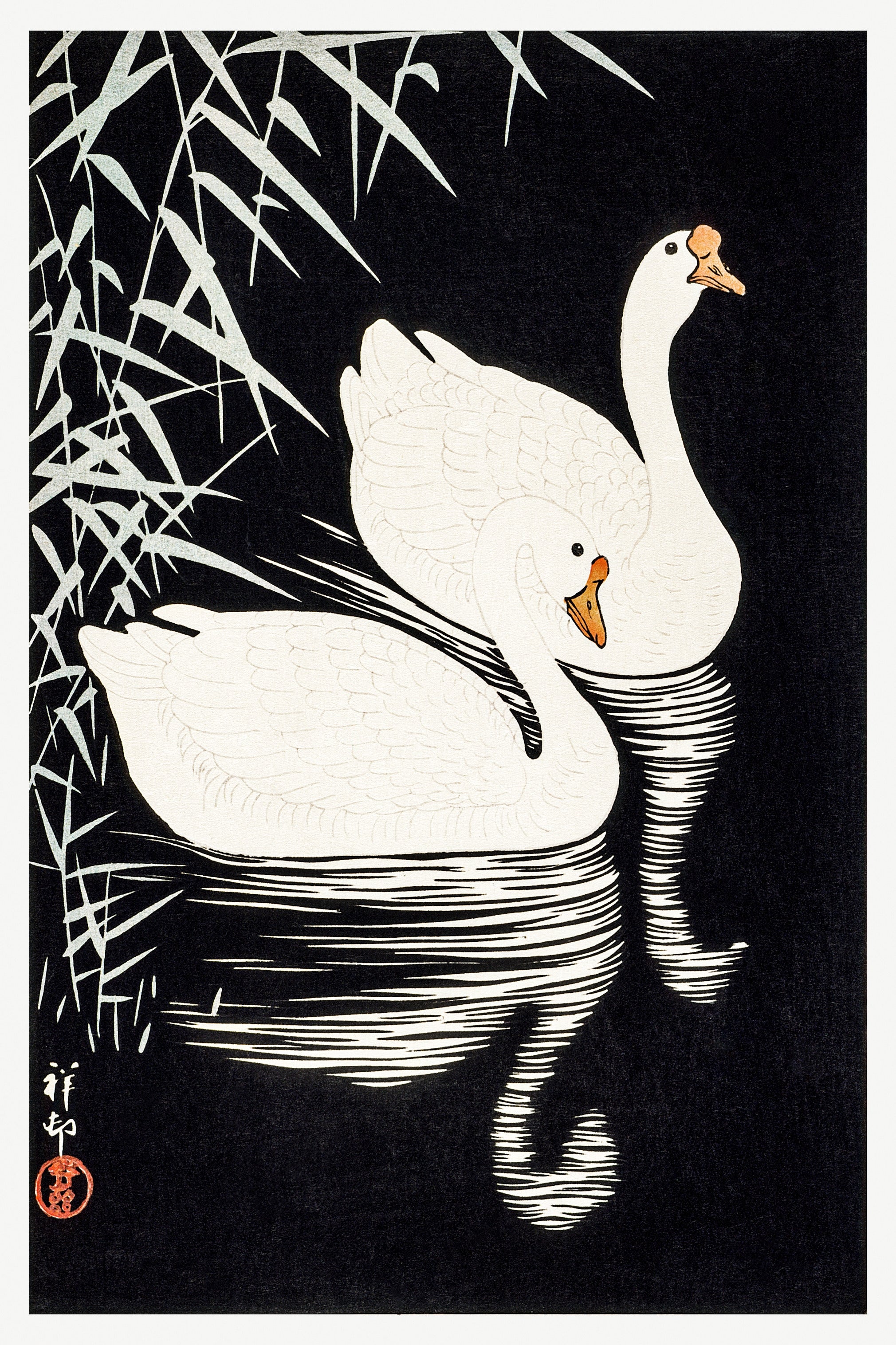 Ohara Koson — White Chinese Geese Swimming by Reeds | Japanese Bird & Flower Woodblock Print