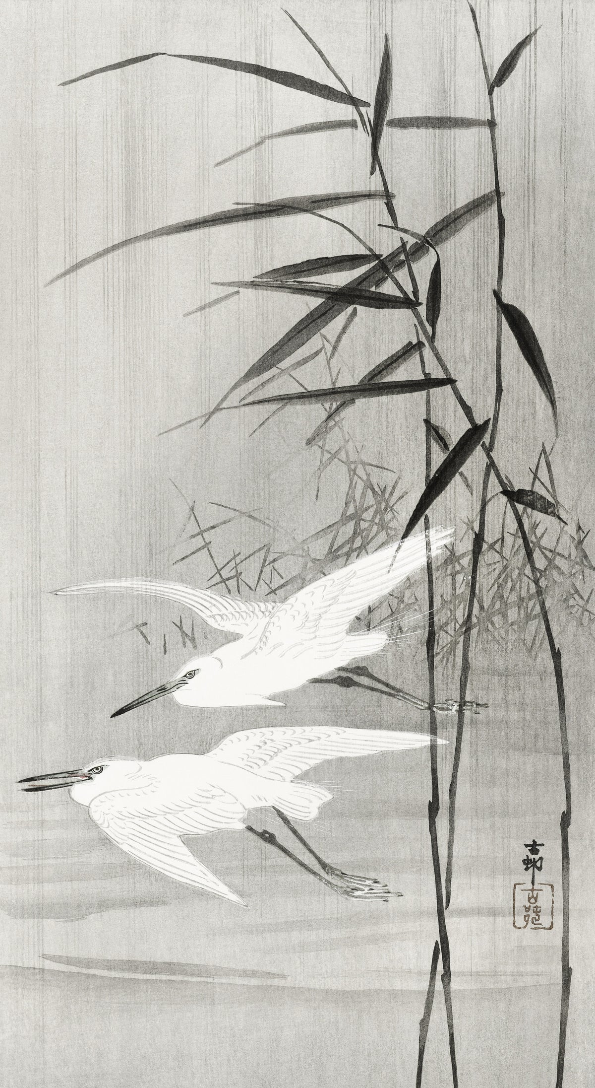 Ohara Koson — Two Egrets in Flight | Japanese Bird & Flower Woodblock Print