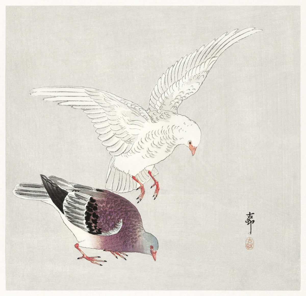 Ohara Koson — Two Pigeons | Japanese Bird & Flower Woodblock Print