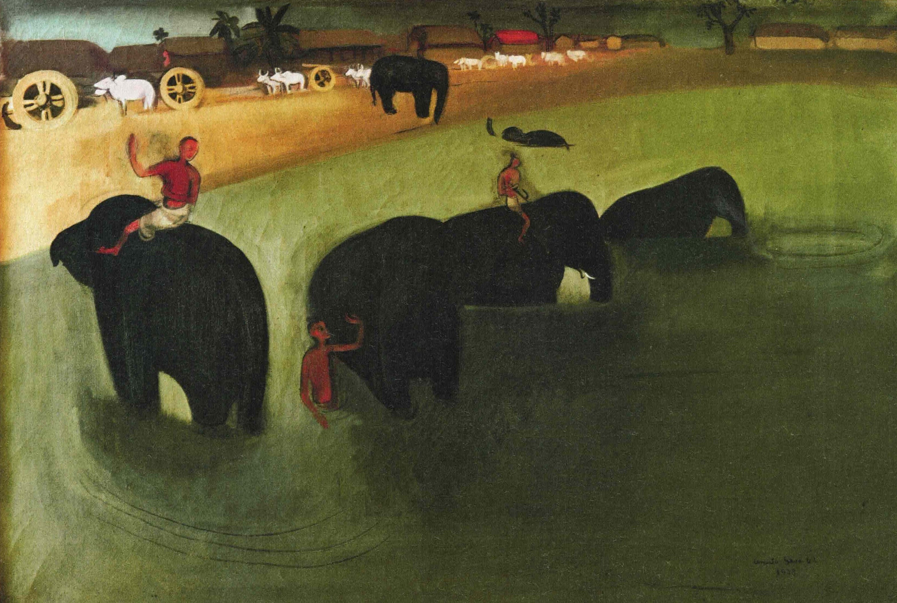 A stylized painting depicting elephants walking through shallow water, with small figures riding or standing beside them, set in a green landscape with a dirt path and distant vehicles in the background.