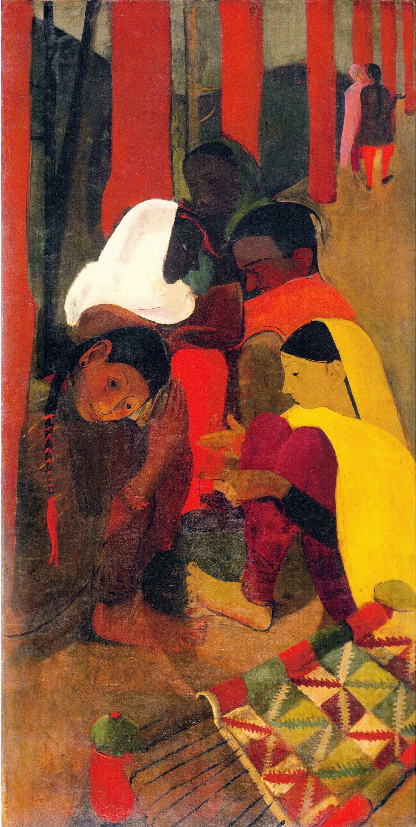 Painting of people gathered around a child on a rug with red curtains in the background