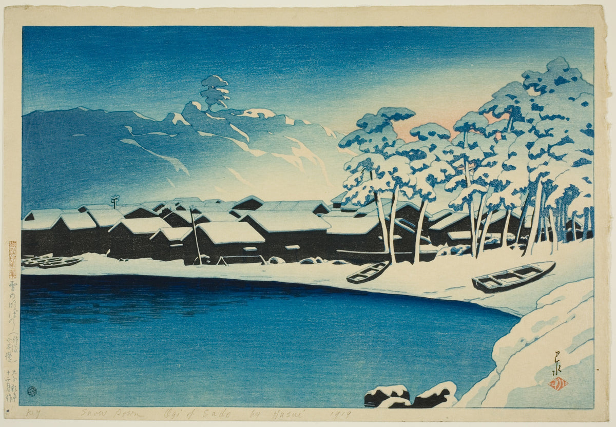 Kawase Hasui — Dawn Snow at the Port of Ogi | Japanese Woodblock Print (Shin Hanga)