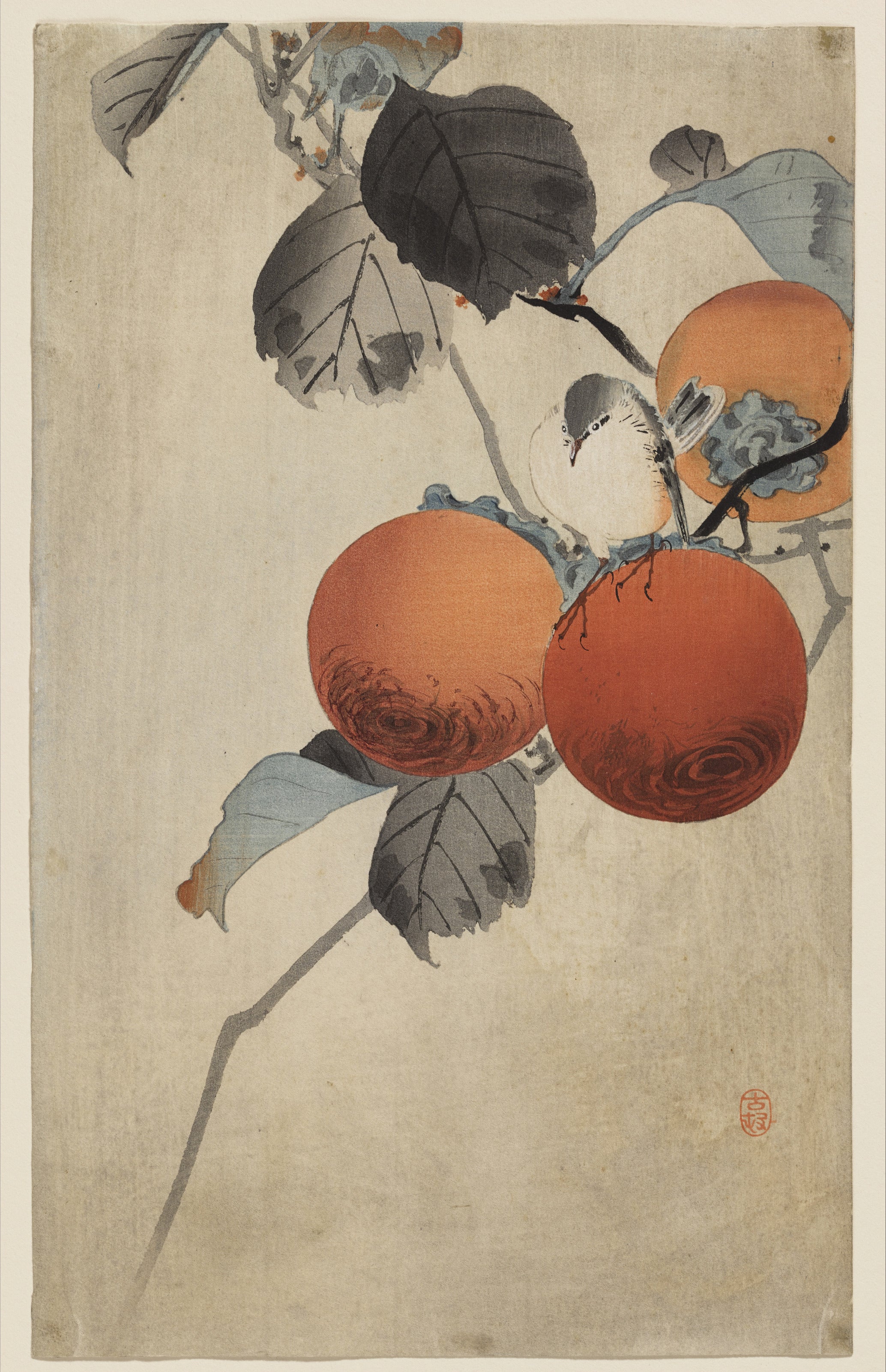 Ohara Koson — Nuthatch atop Persimmons | Japanese Bird & Flower Woodblock Print