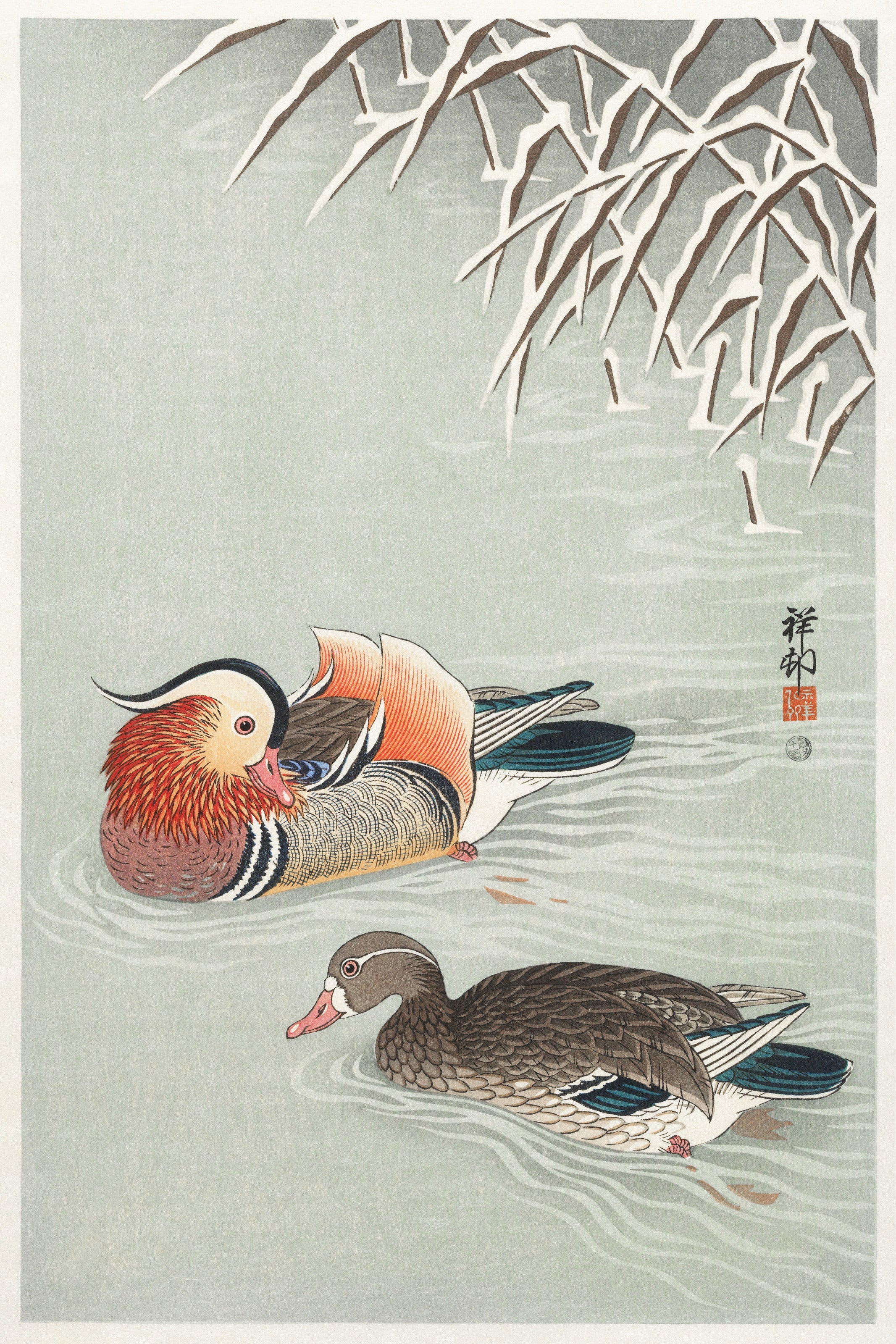 Ohara Koson — Mandarin Ducks | Japanese Bird & Flower Woodblock Print