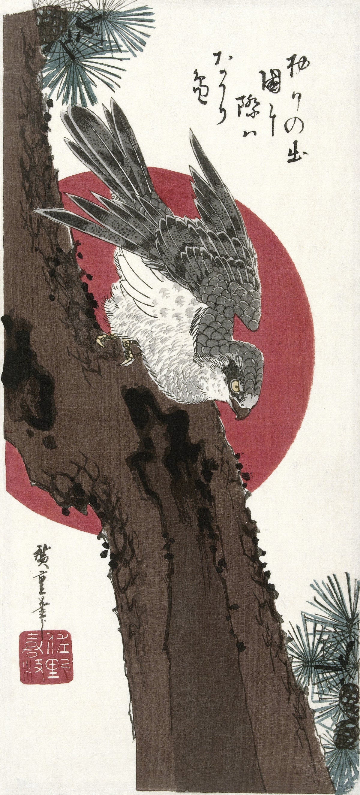 Utagawa Hiroshige — Hawk and Red Sun | Japanese Woodblock Print (Ukiyo-e)