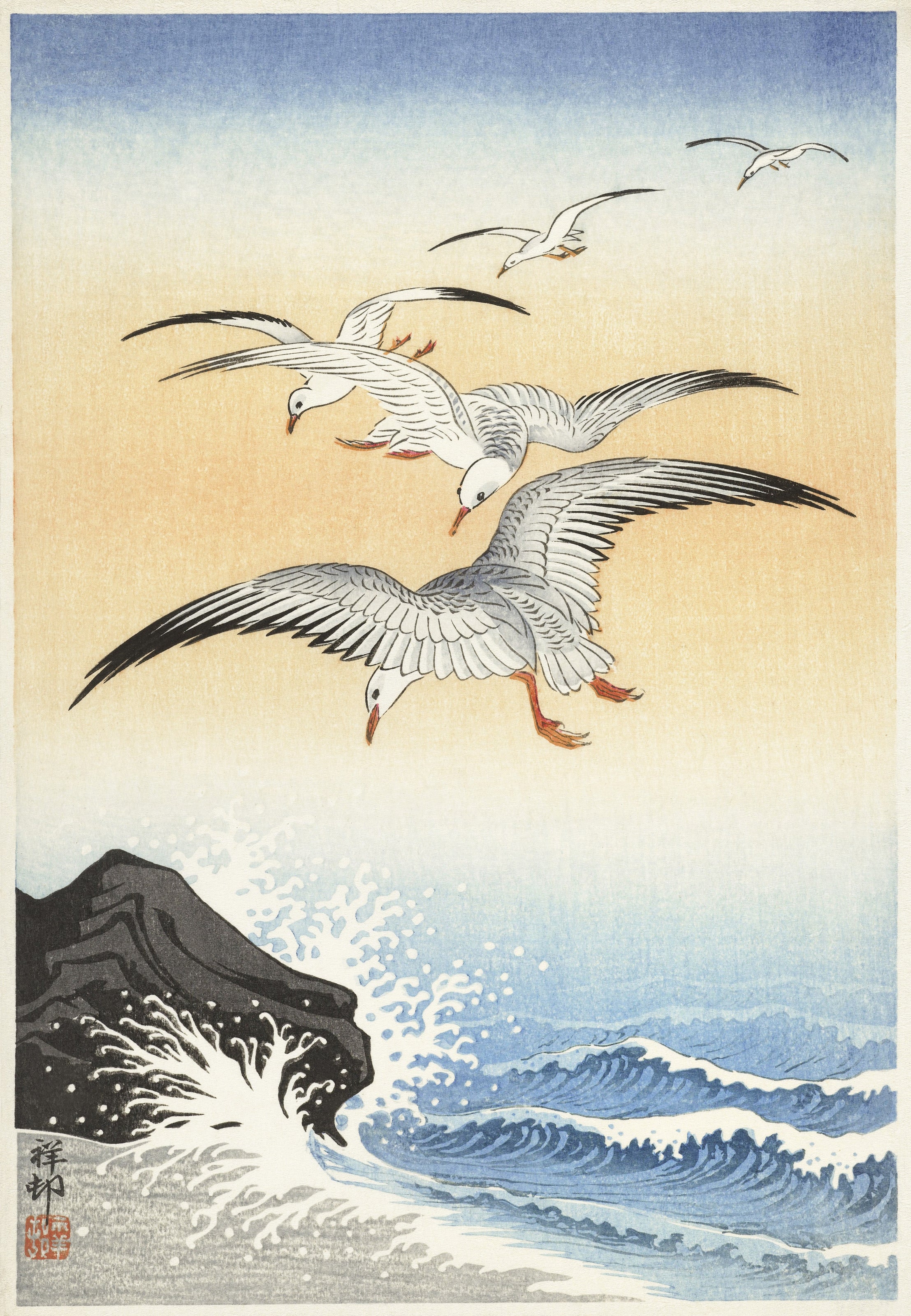 Ohara Koson — Five Seagulls above a Turbulent Sea | Japanese Bird & Flower Woodblock Print