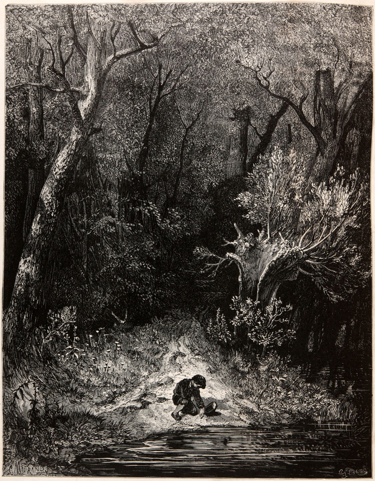 Gustave Doré — Tom Thumb: Gathering Pebbles by the Stream | Fairy Tale Illustration Print