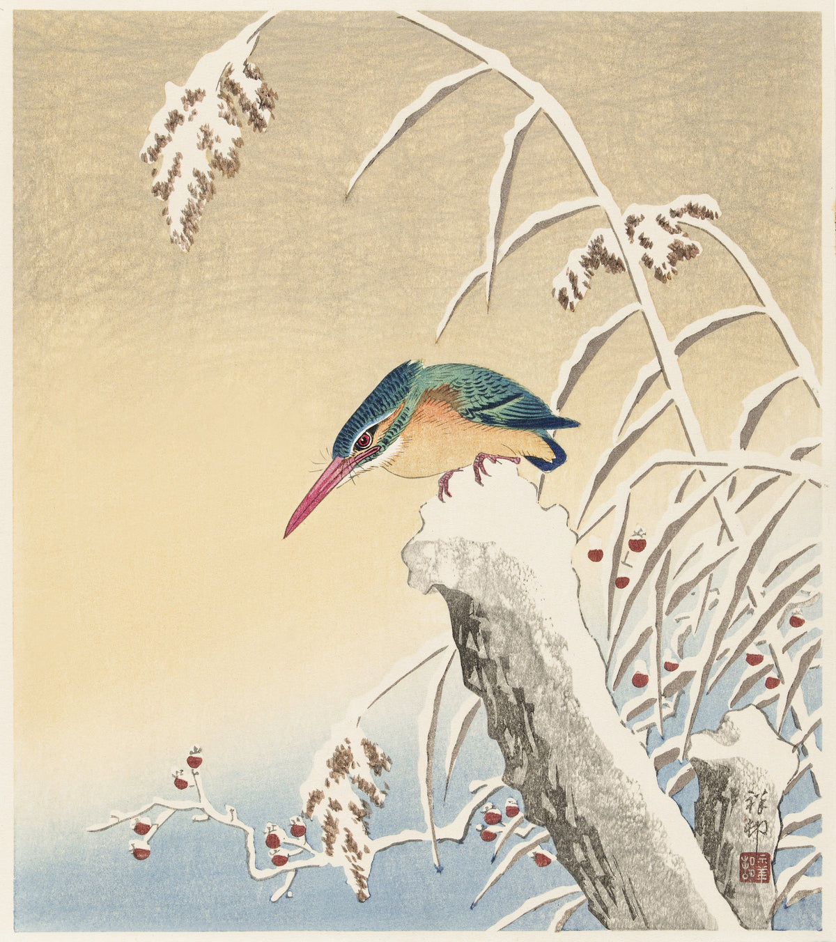 Ohara Koson — Kingfisher in the Snow | Japanese Bird & Flower Woodblock Print
