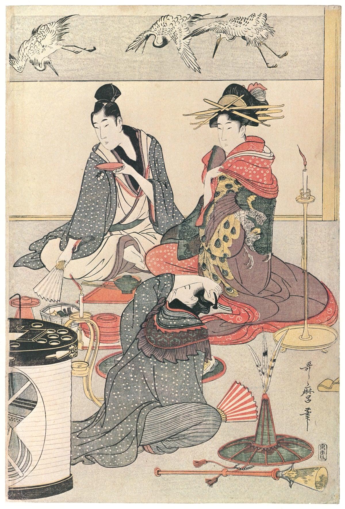 Kitagawa Utamaro — Niwaka Festival Performers at a Teahouse (centre sheet) | Japanese Woodblock Print (Ukiyo-e)