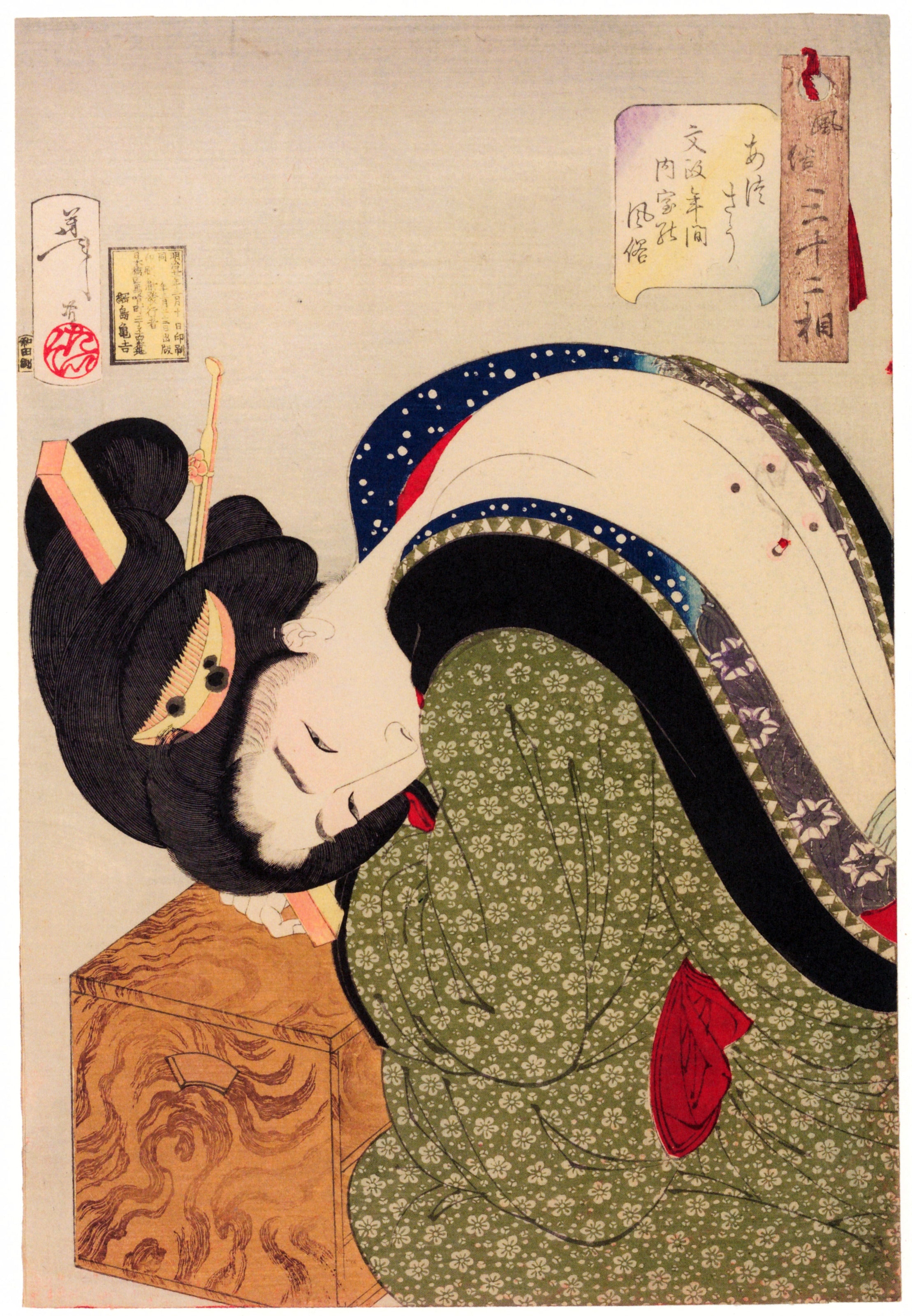 Tsukioka Yoshitoshi — Looks Hot (Bunsei-era geisha) | Japanese Woodblock Print (Ukiyo-e)