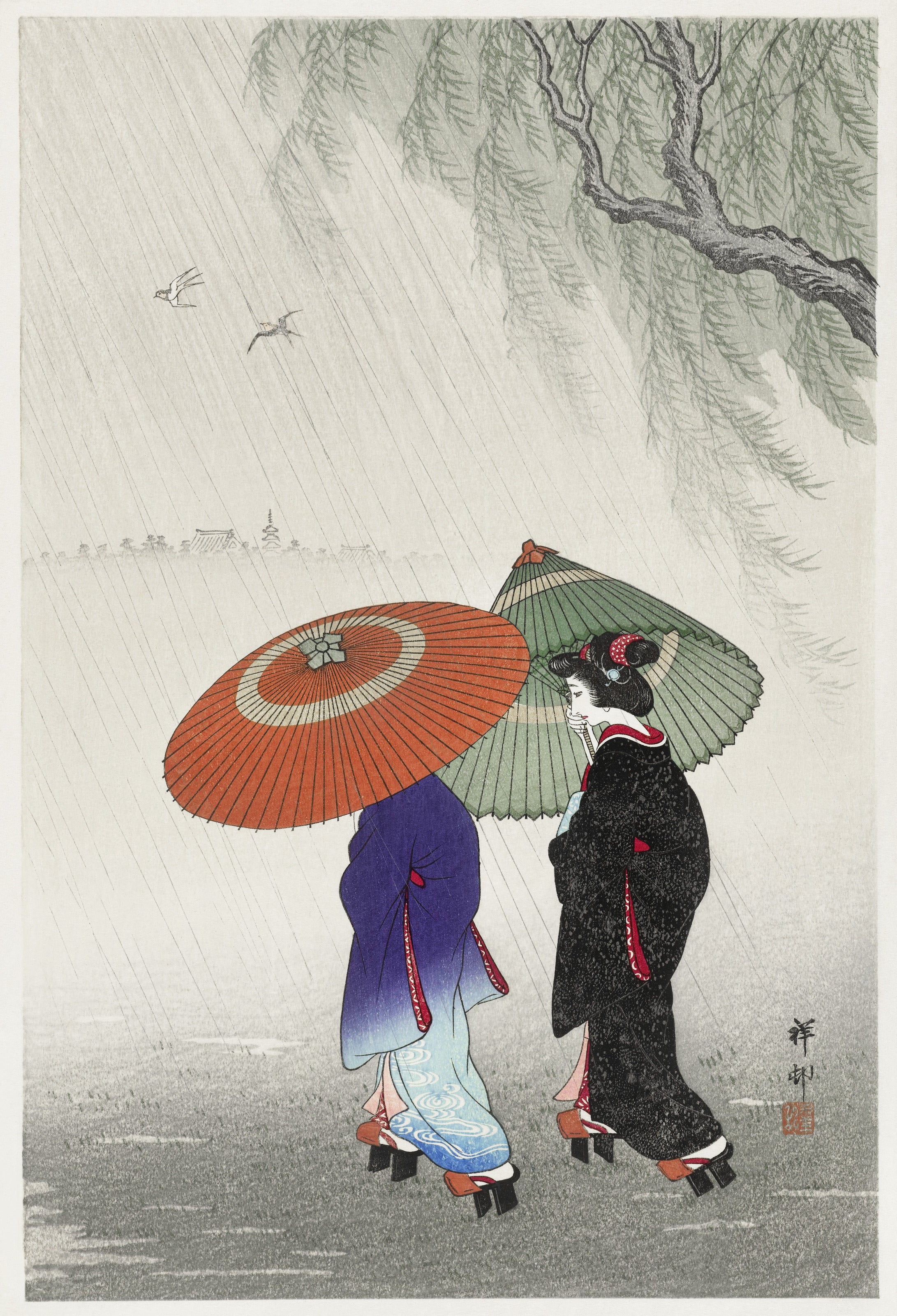 Ohara Koson — Two Women in the Rain | Japanese Woodblock Print (Shin Hanga)